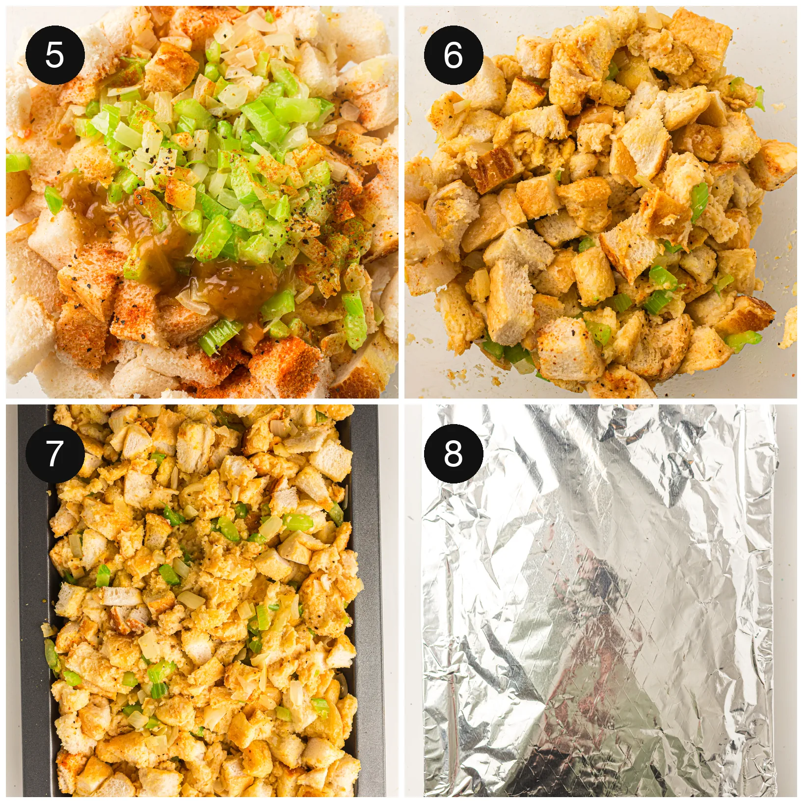 Cubes tossed with the softened vegetables, then moistened with stock