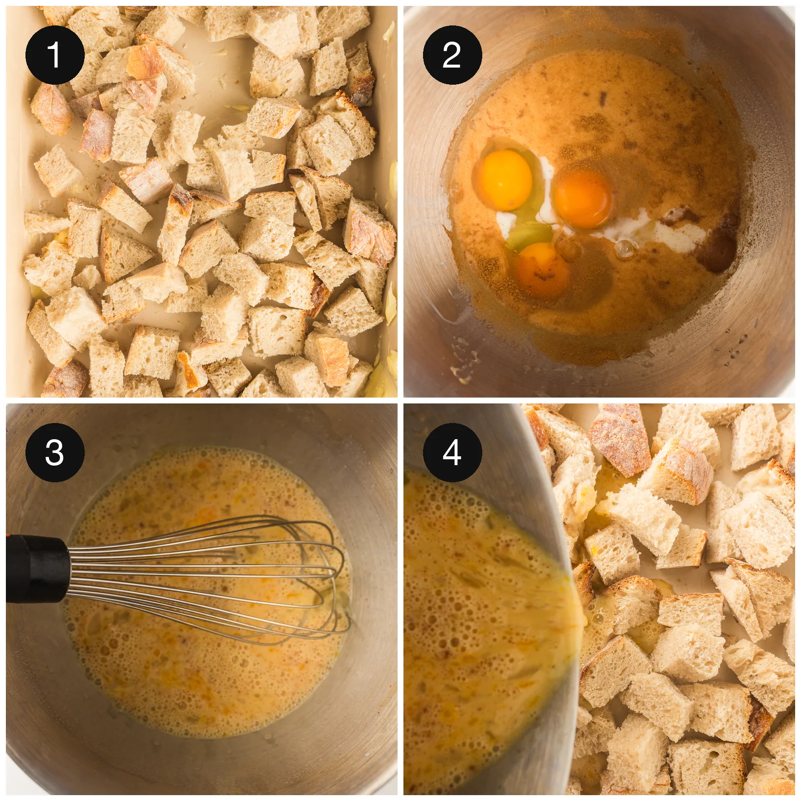 Cubed bread in a dish beside eggs and milk whisked into a smooth custard