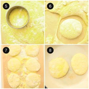 Rounds cut with a ring cutter and dusted with semolina on both sides