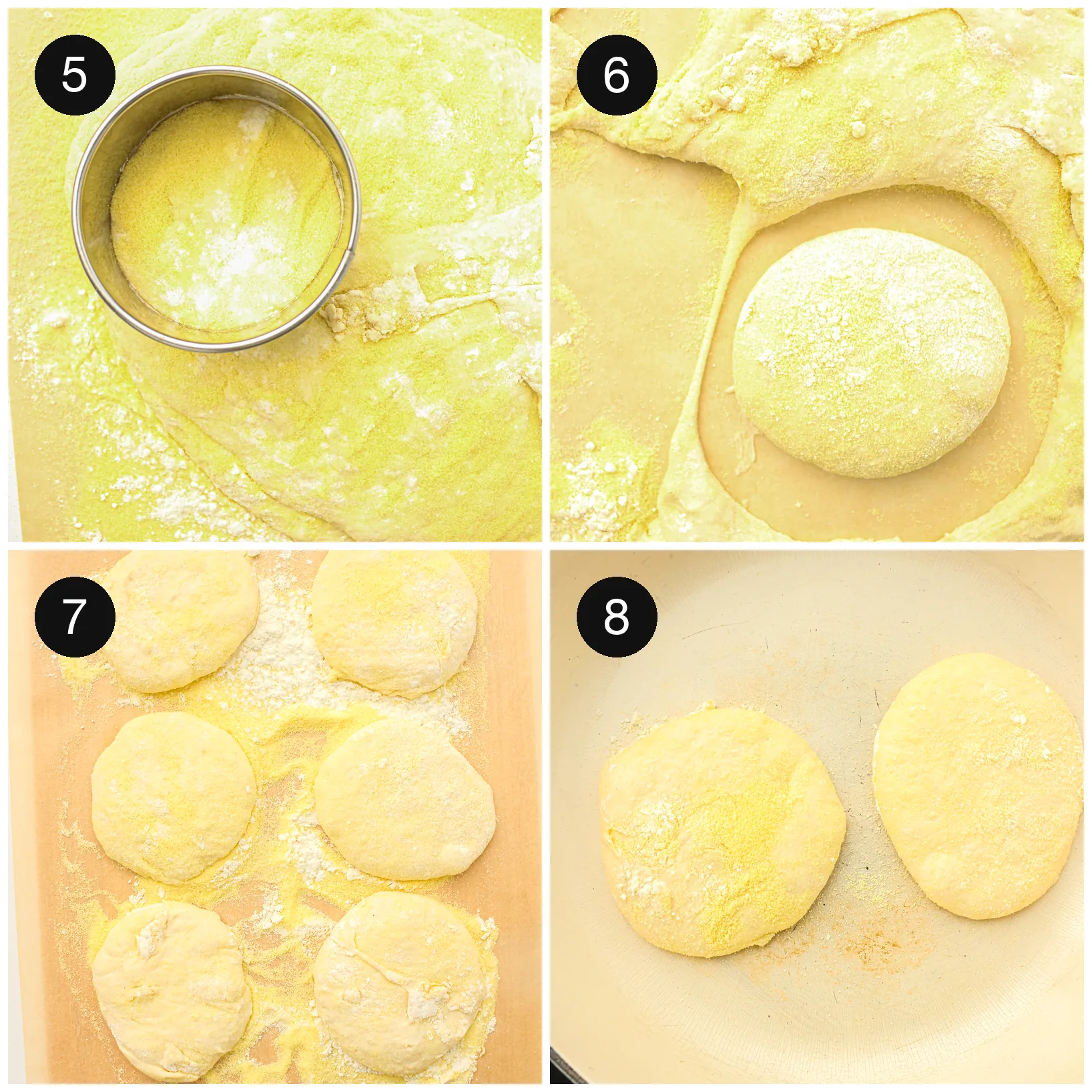 Rounds cut with a ring cutter and dusted with semolina on both sides