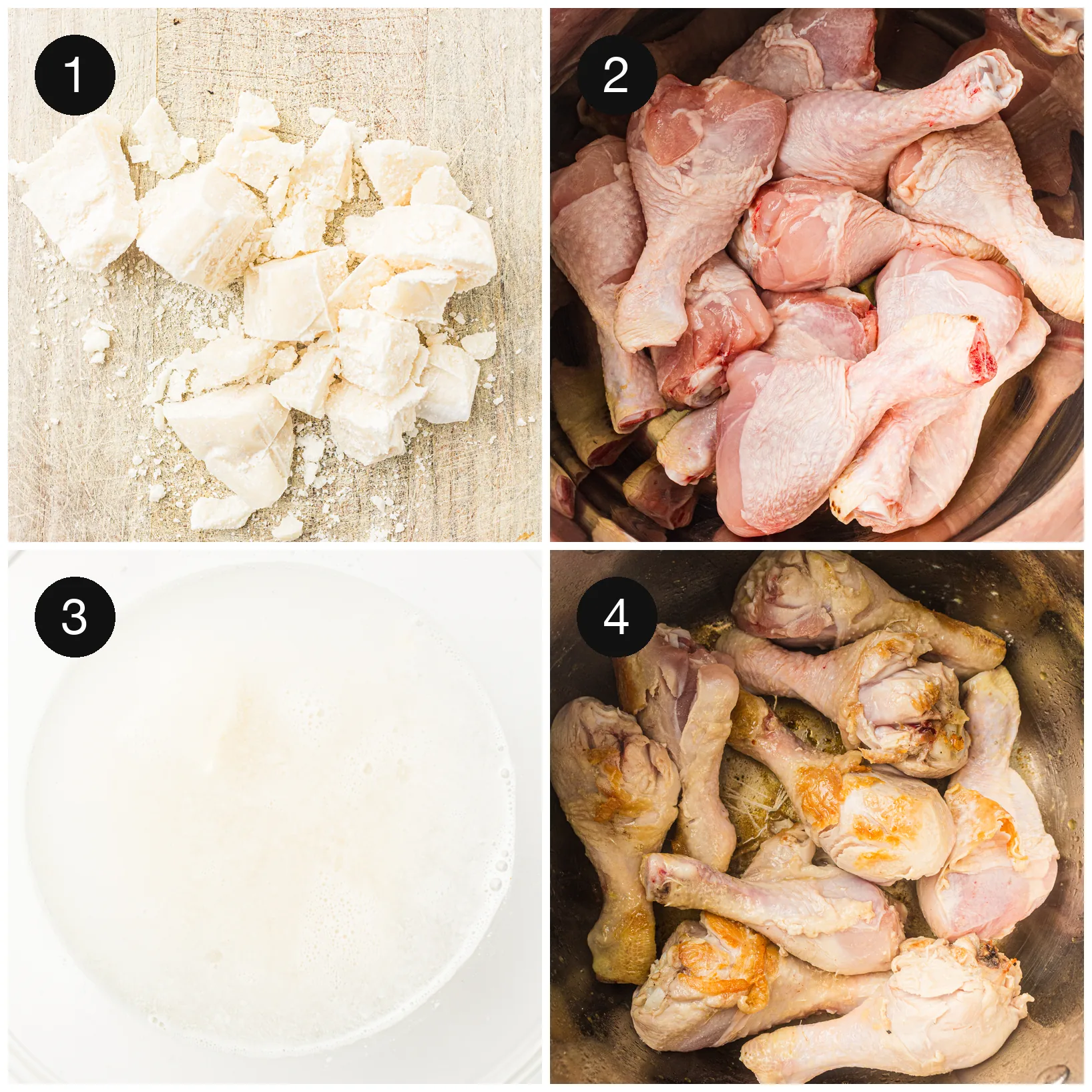 Chopped coconut block dissolving in hot water, then drumsticks browning in the pot