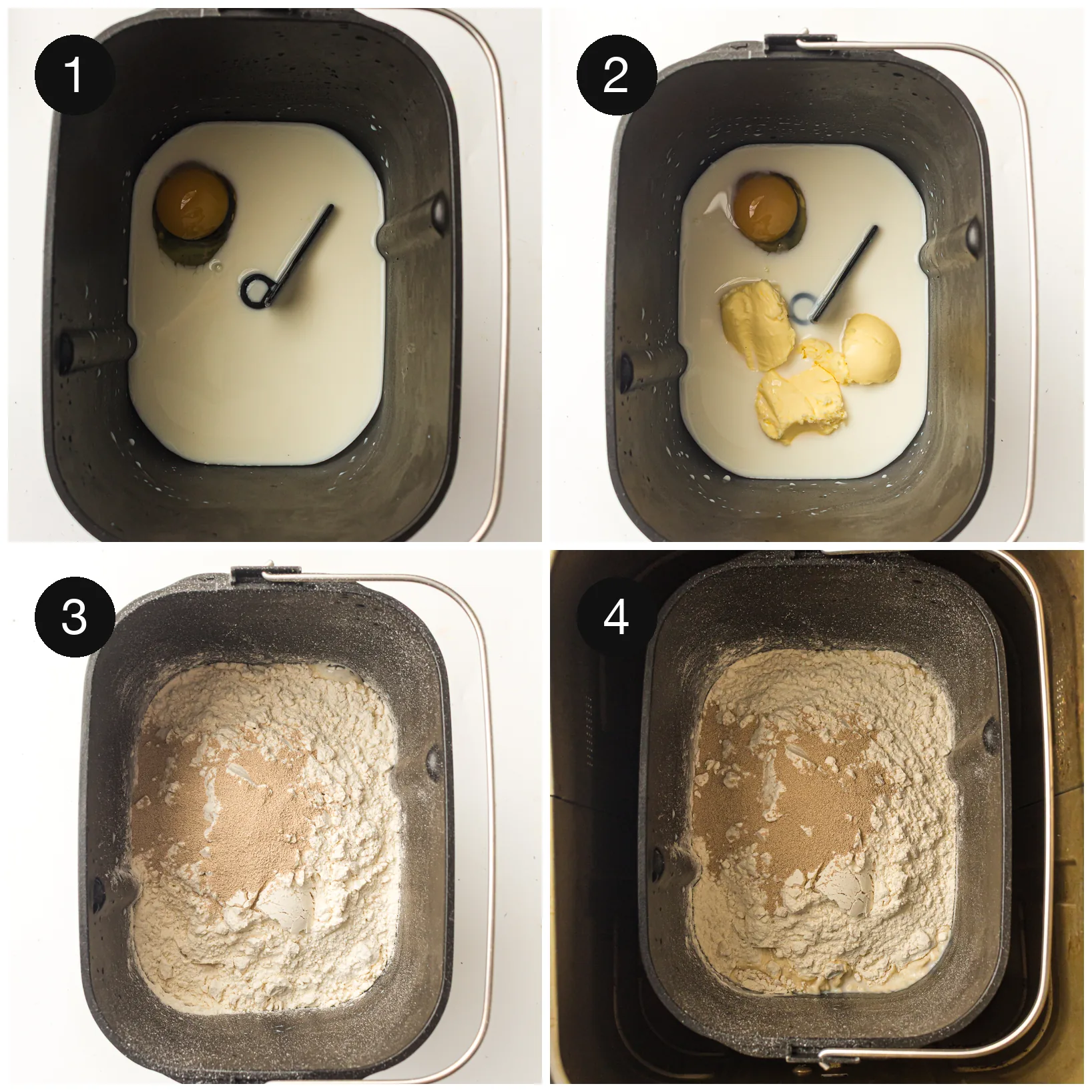 Milk, egg and butter in the pan, then flour and yeast added on top