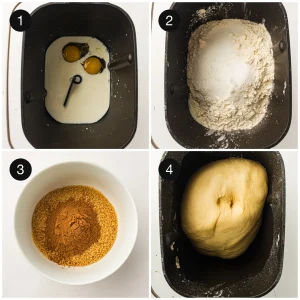 Eggs and milk in the machine pan, flour on top, and the risen ball ready to shape