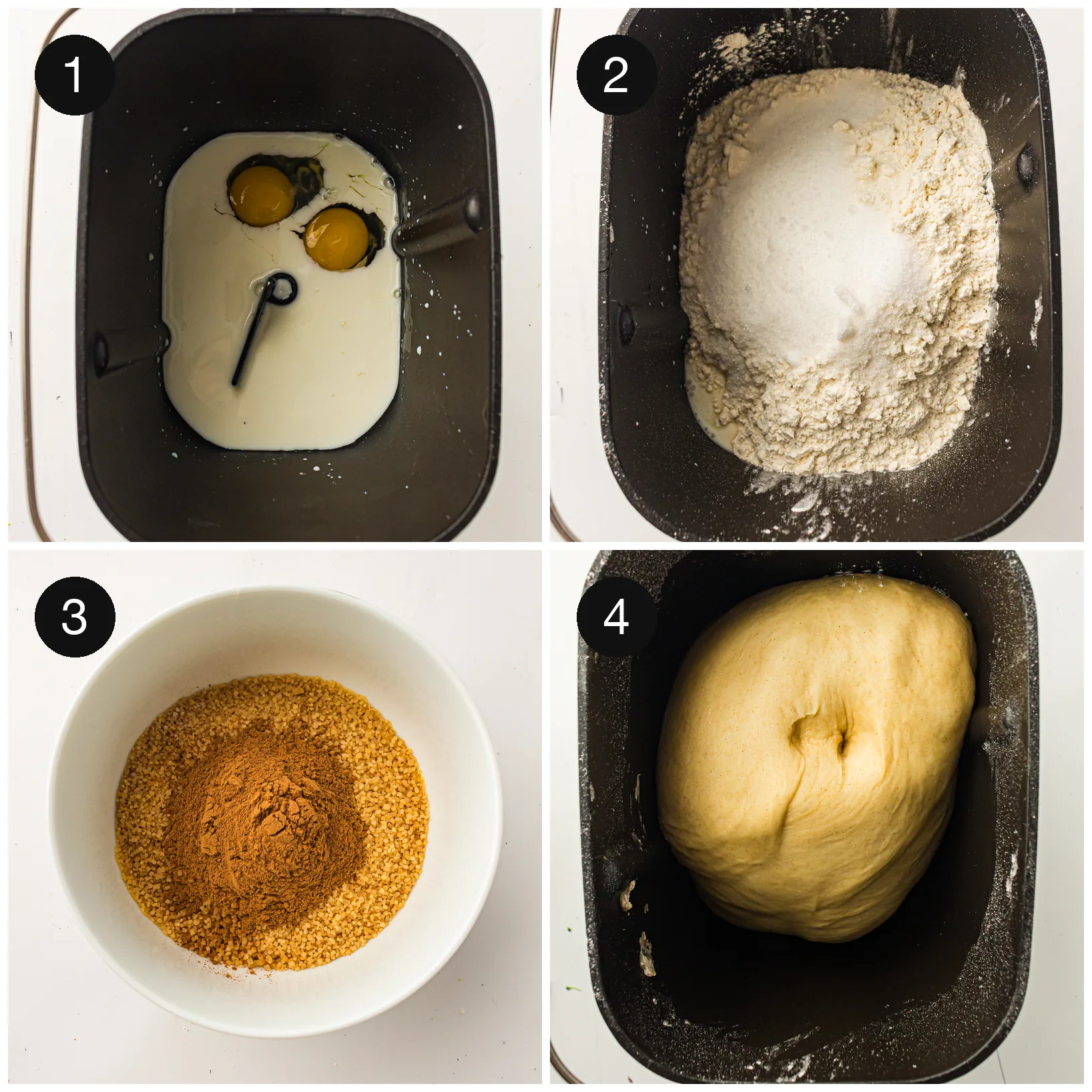 Eggs and milk in the machine pan, flour on top, and the risen ball ready to shape