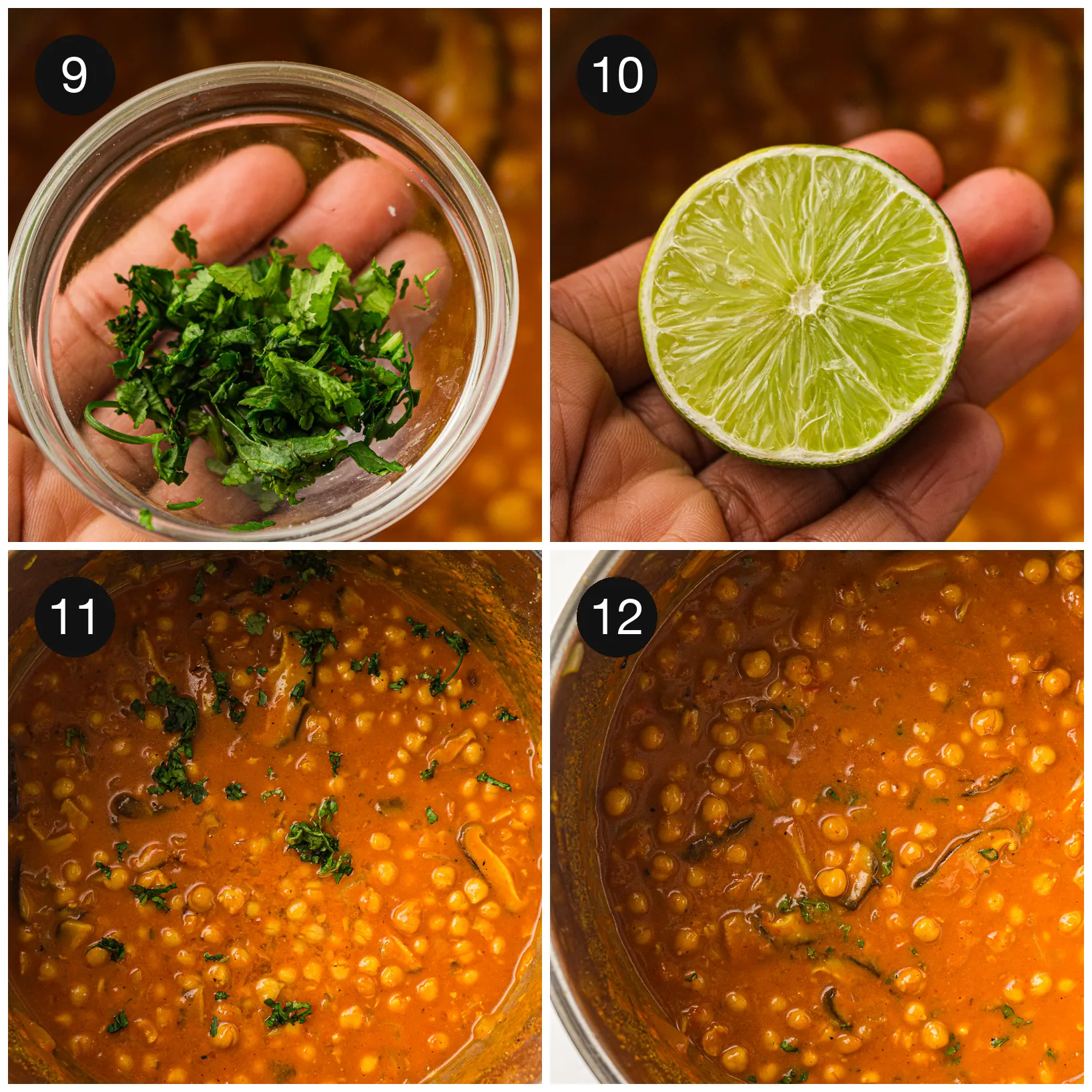 Chopped herbs and a lime half, then the finished pan stirred through