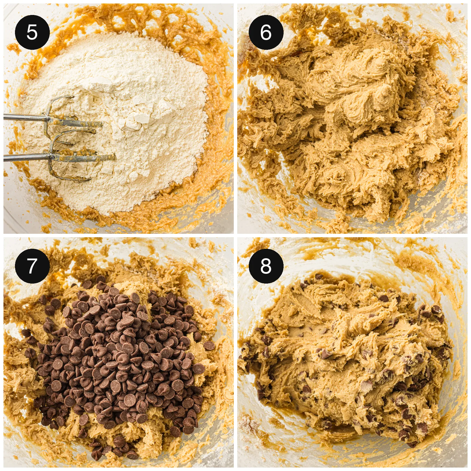 Flour added to the creamed mixture, then chocolate chips folded through by hand