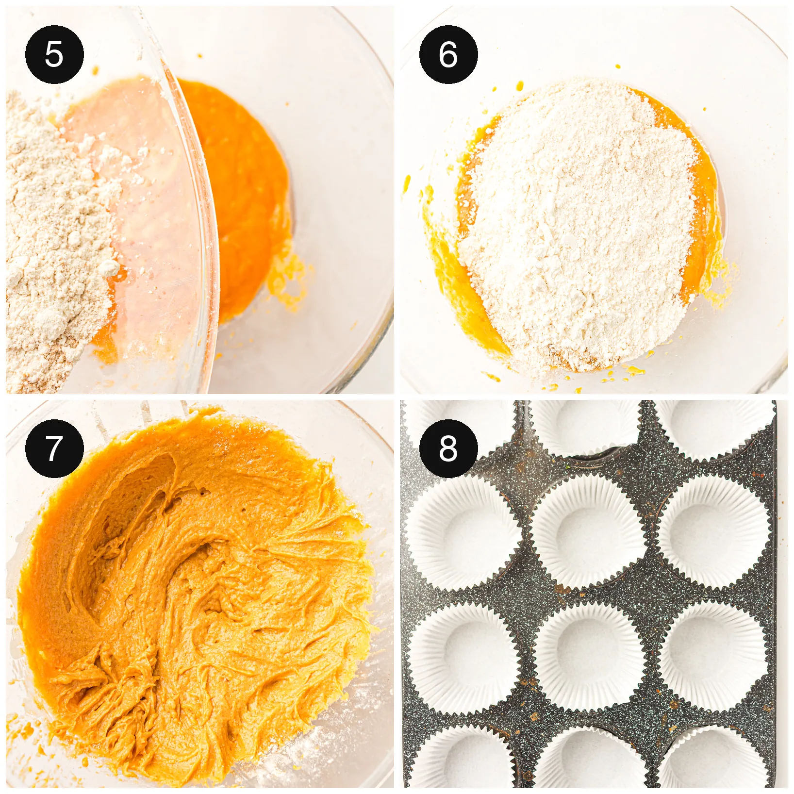 Flour folded into the orange batter, then the lined tin ready to fill