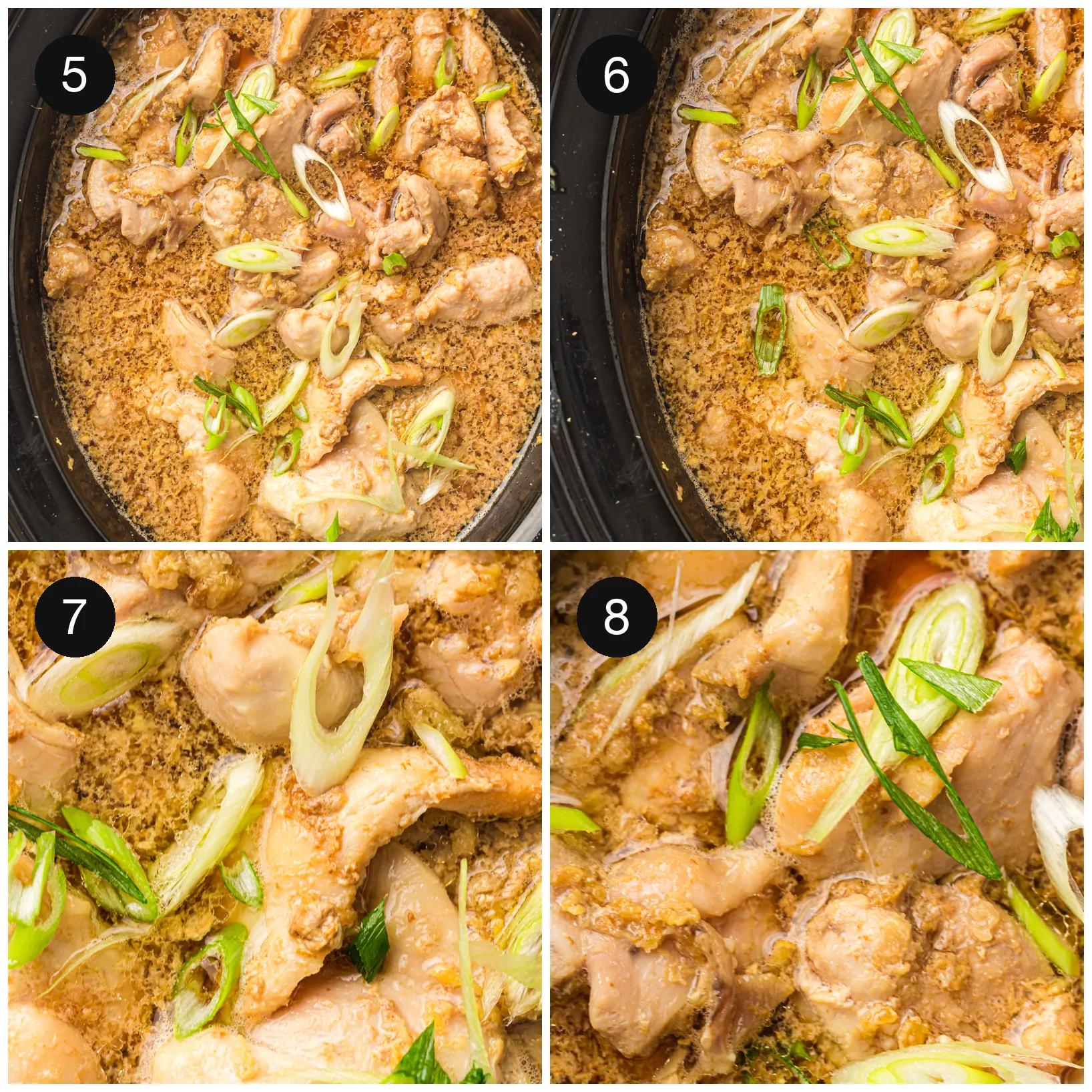 The glaze thickening around the cooked pieces with green onion scattered on top