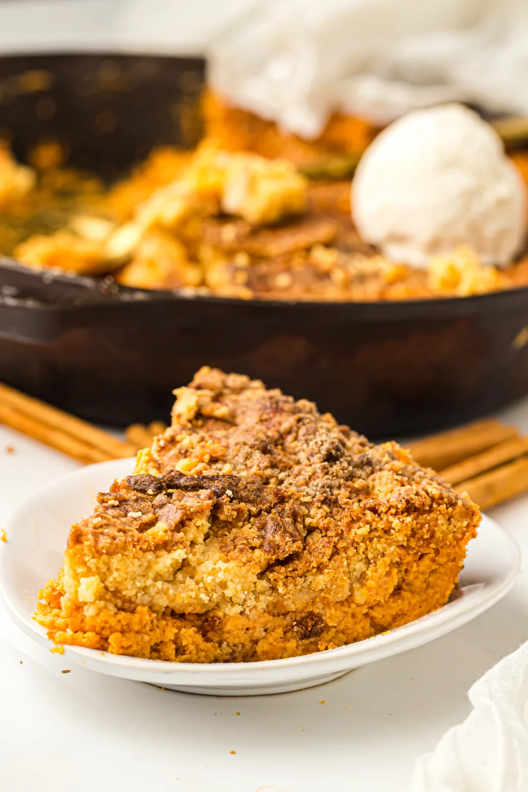Close up of the golden buttery crumb topping