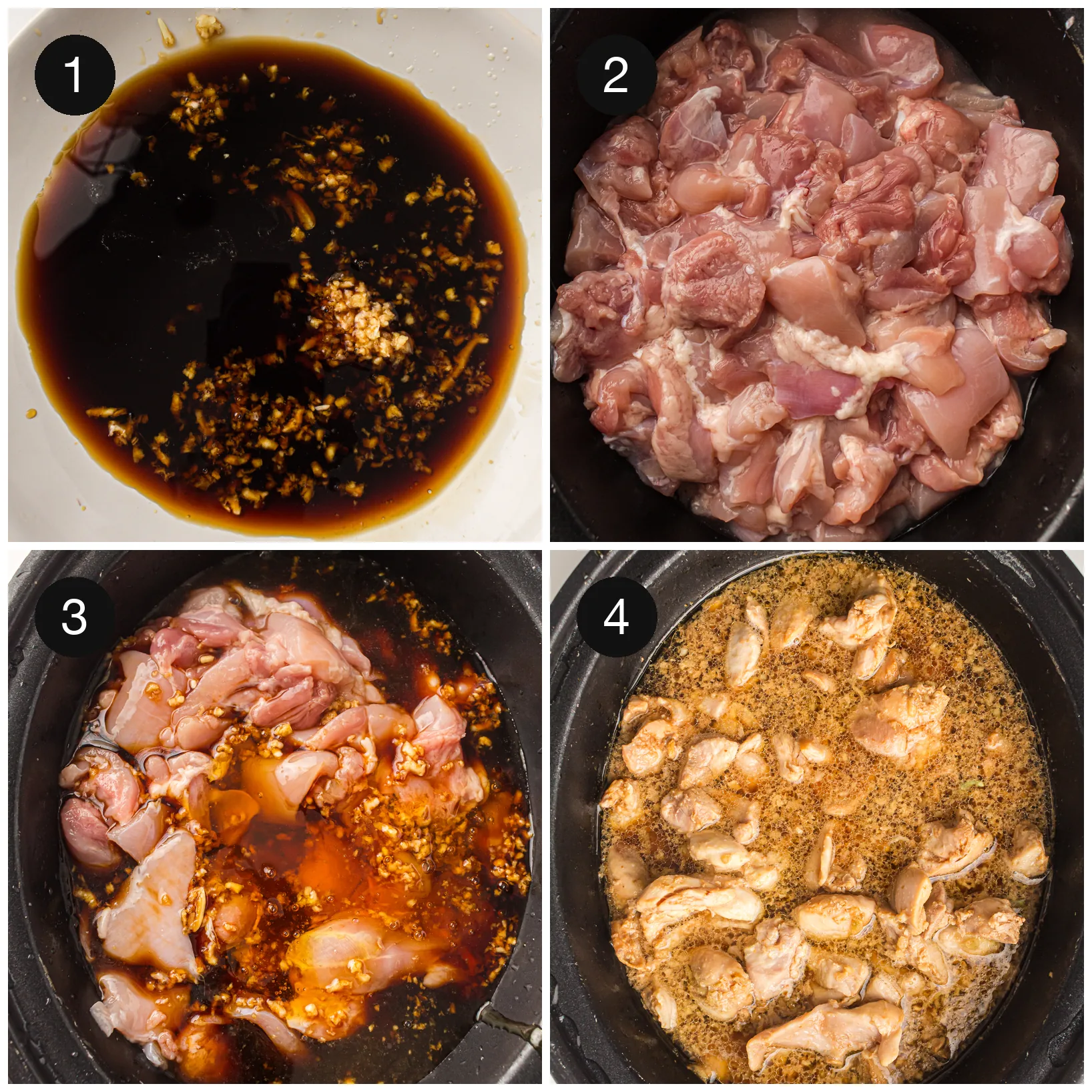 The sauce whisked in a bowl, raw meat in the pot, and the sauce poured over
