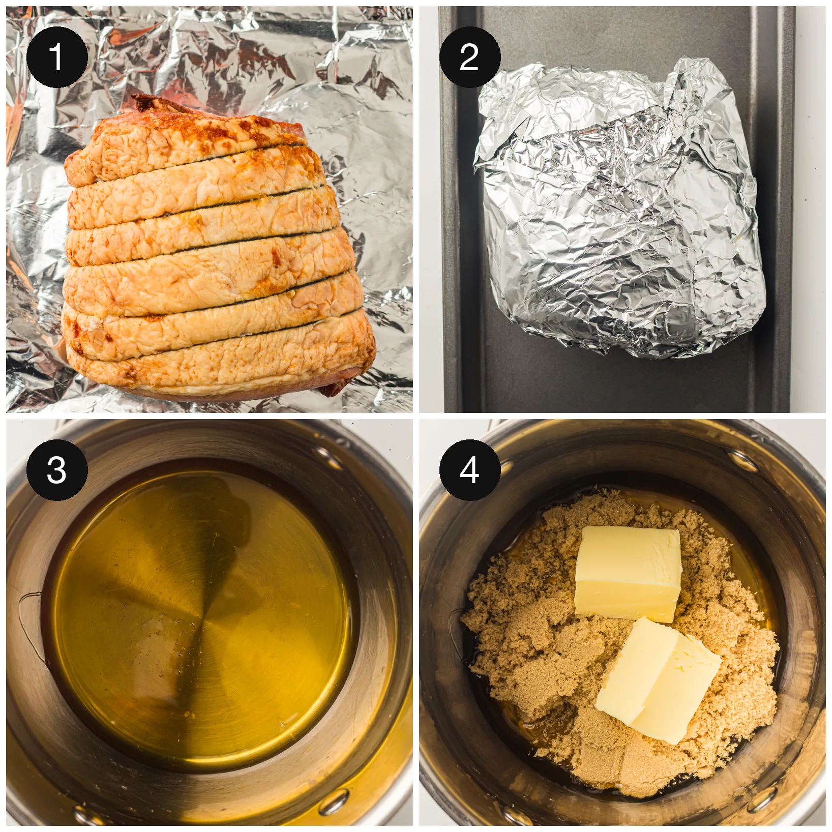 The scored joint sealed under foil in a tray, beside butter and sugar melting in a pan
