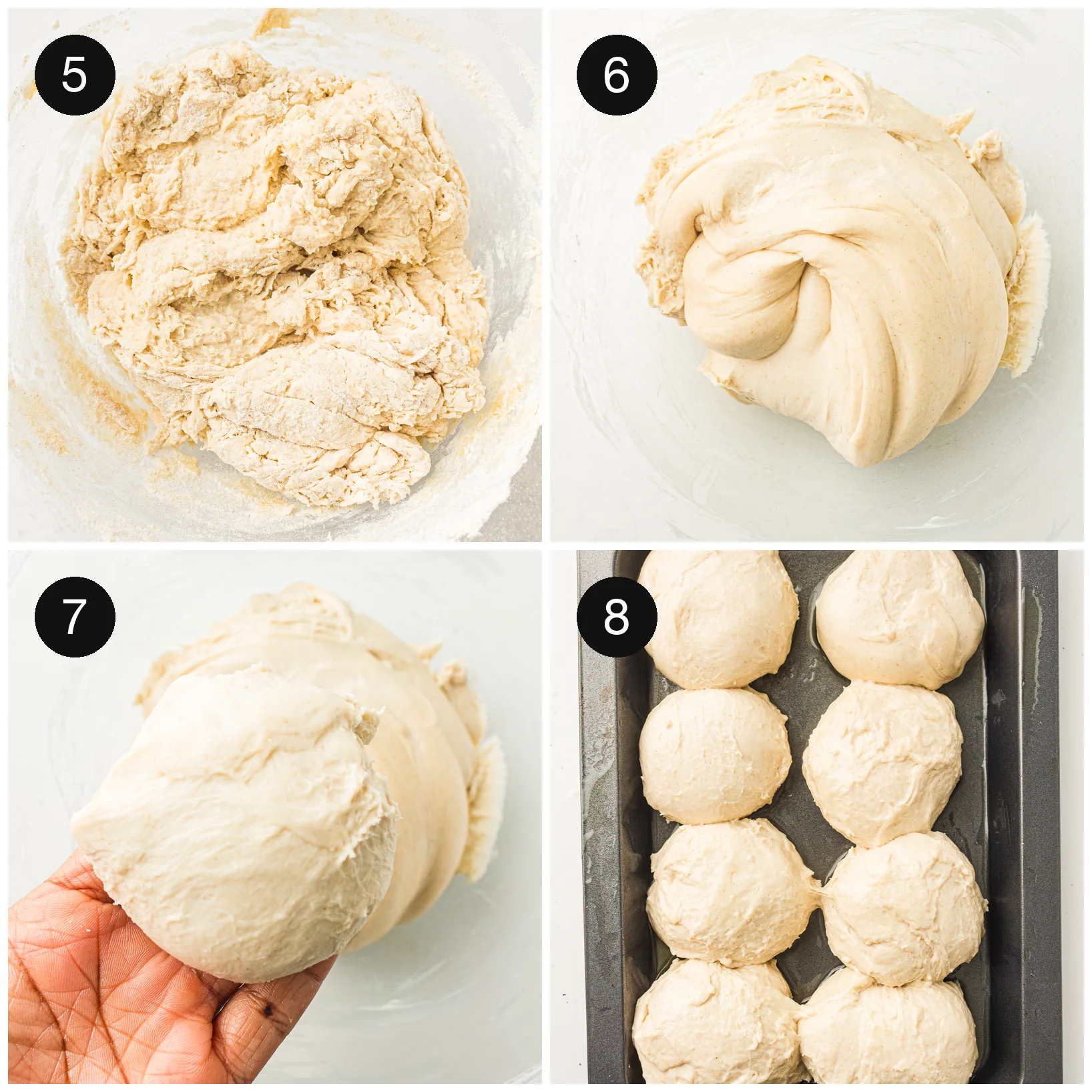 Shaggy dough kneaded smooth, then divided and shaped into twelve balls in a tray