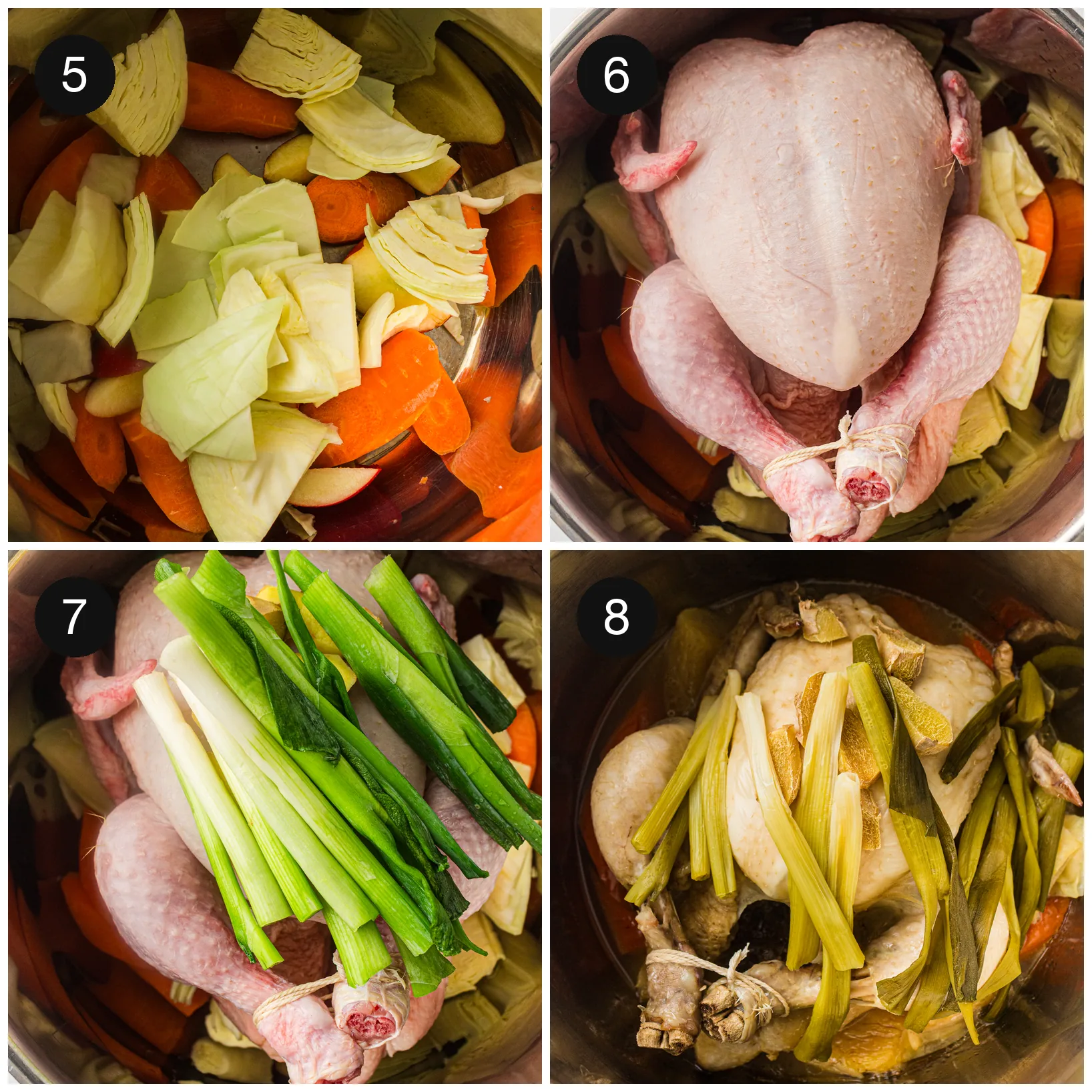 Chopped cabbage layered in the pot, then the whole bird set on top with scallions