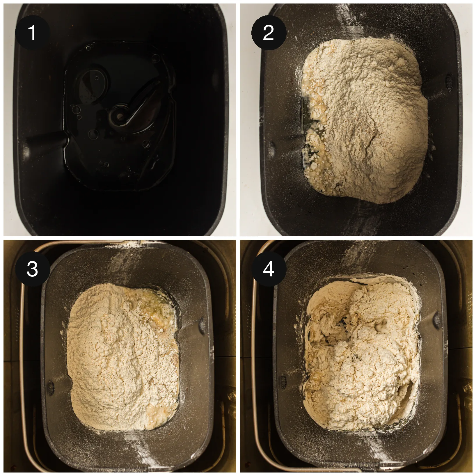 Water, butter and salt in the pan, then flour and yeast layered on top