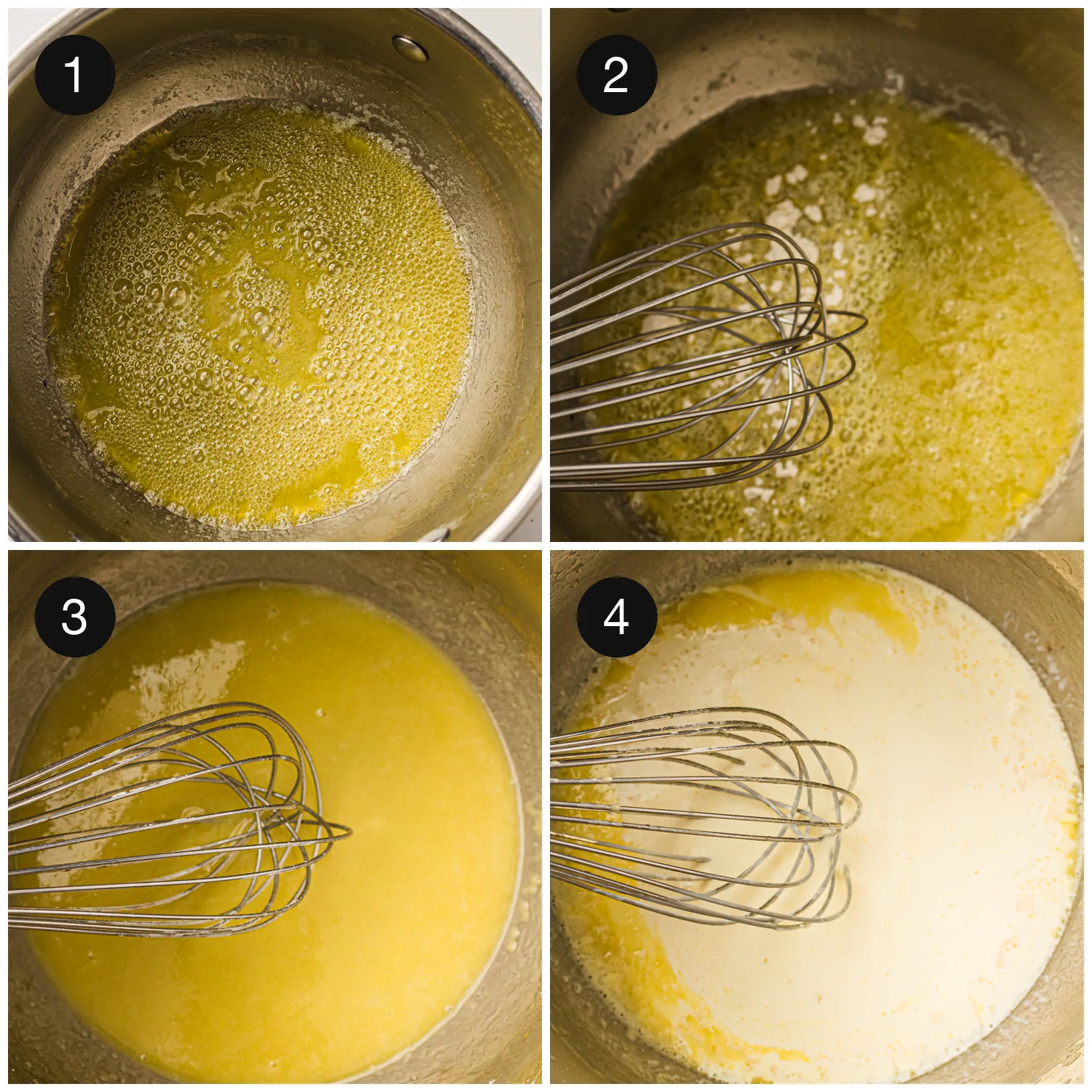 Butter melting in the pan, flour whisked in, then the milk added gradually