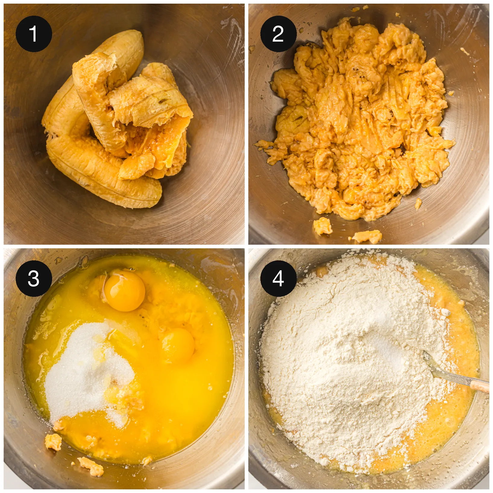 Peeled fruit mashed in a bowl, then eggs, butter and flour stirred in