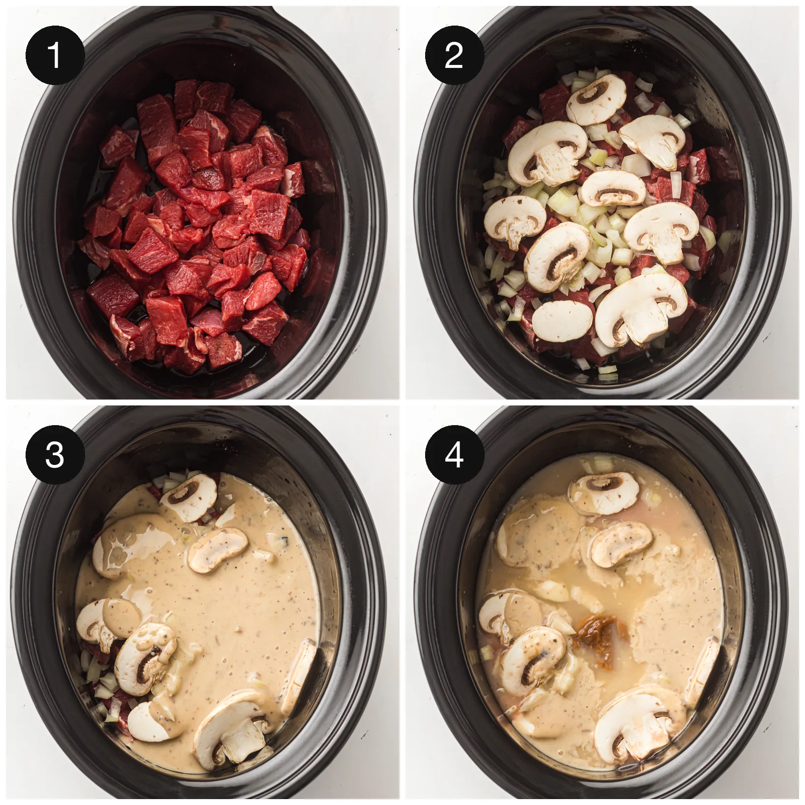 Cubed meat and diced onion in the pot with sliced mushrooms scattered over