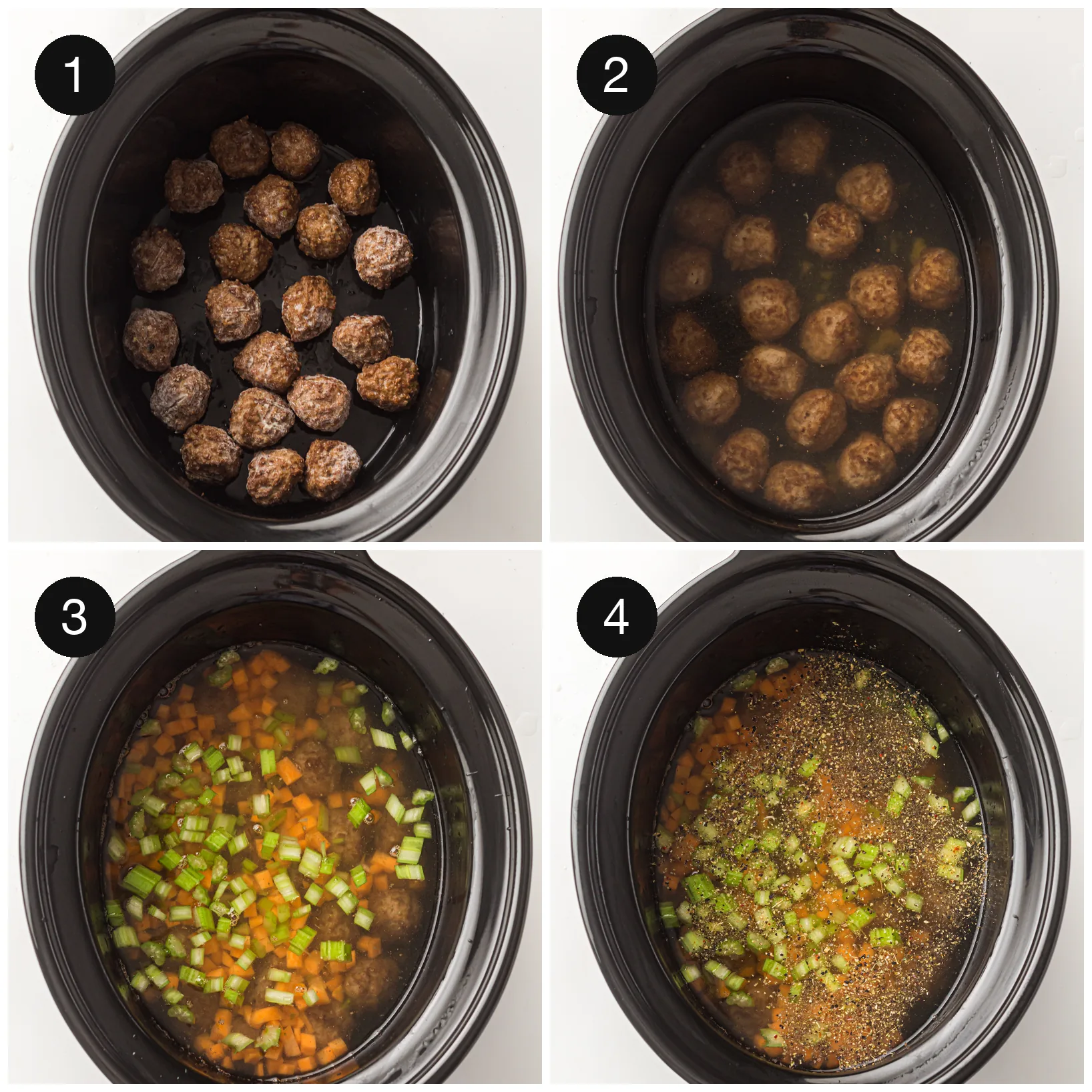 Frozen meatballs in the pot, then broth and diced carrot and celery added