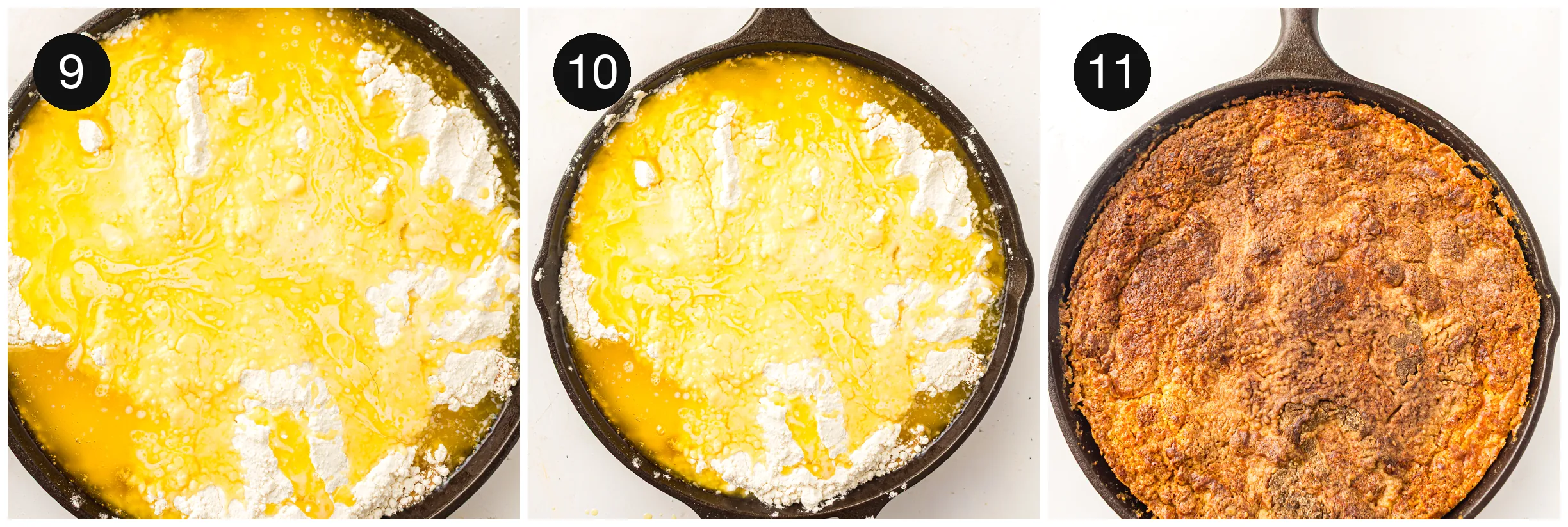 Melted butter drizzled across the powder, then the dish baked to a golden crust