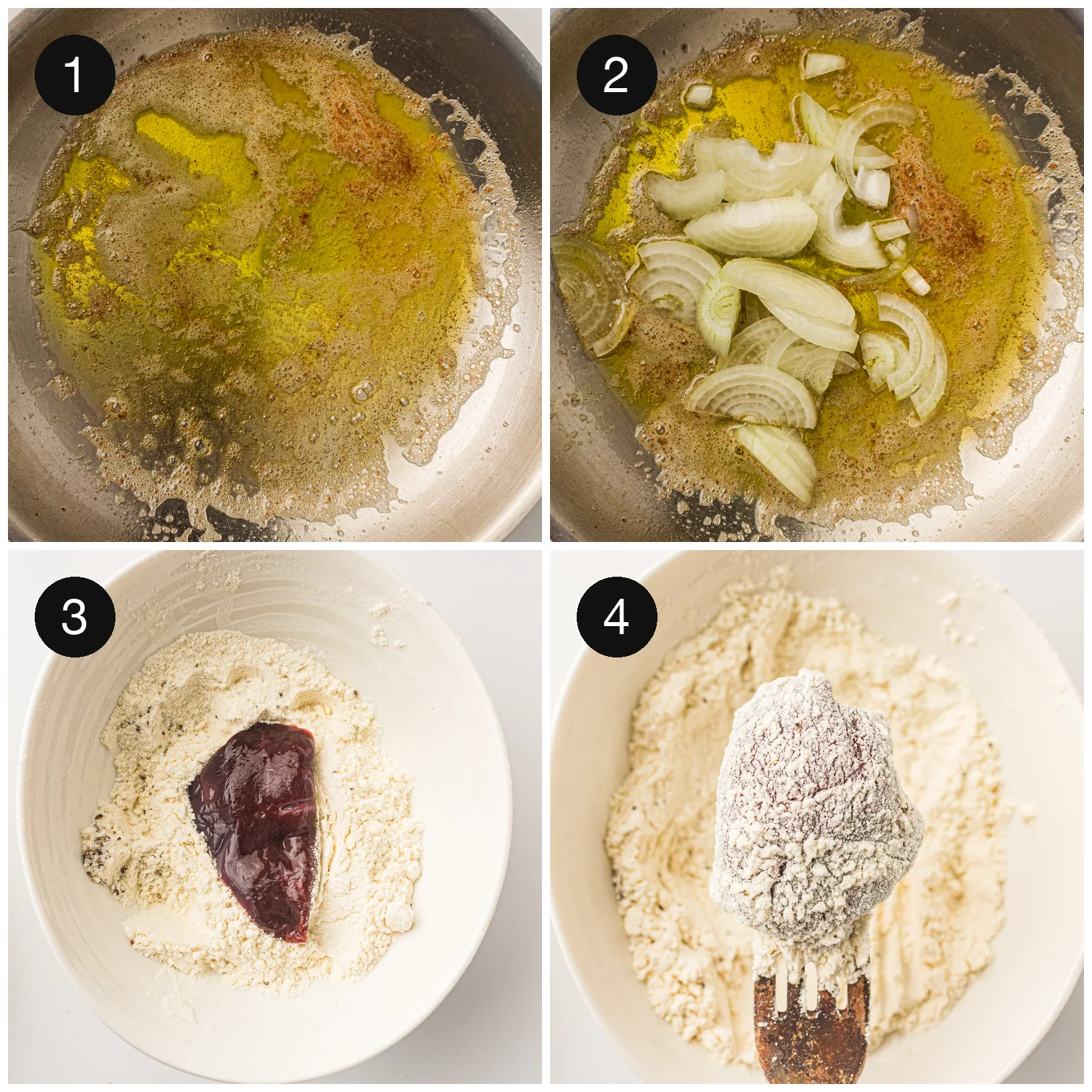 Butter melting in a skillet, then a slice pressed into seasoned flour