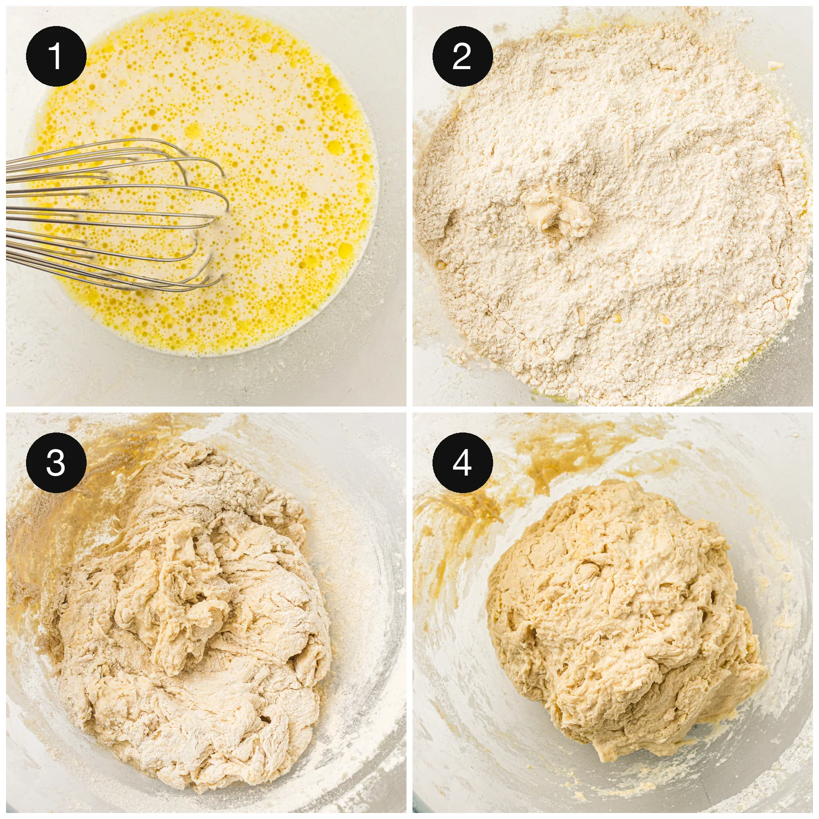 A shaggy flour mixture coming together, then kneaded smooth by hand