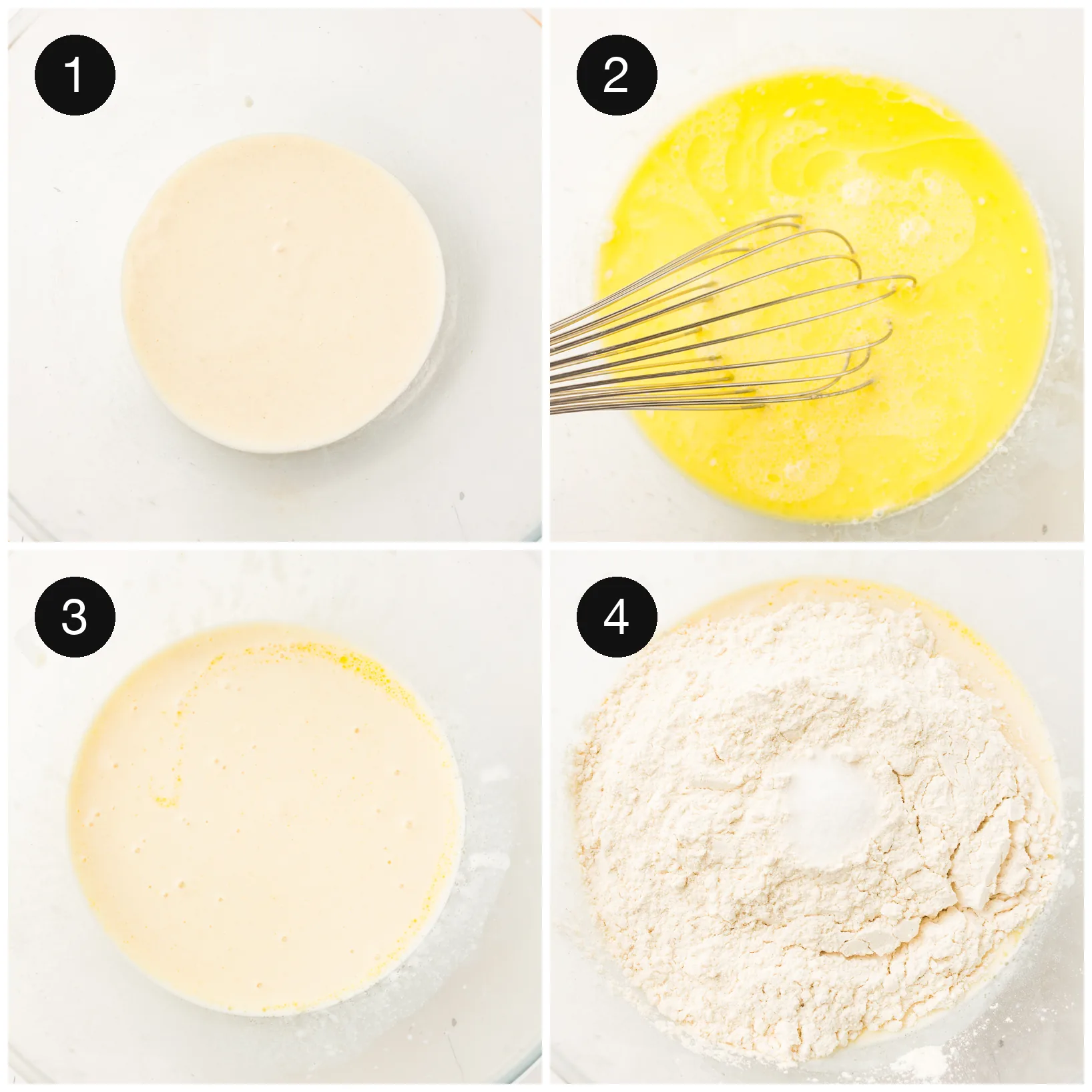 Bubbly starter whisked with honey and melted butter, then flour added