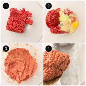 Beef in a bowl with crumbs, egg and ketchup, then mixed to a soft paste