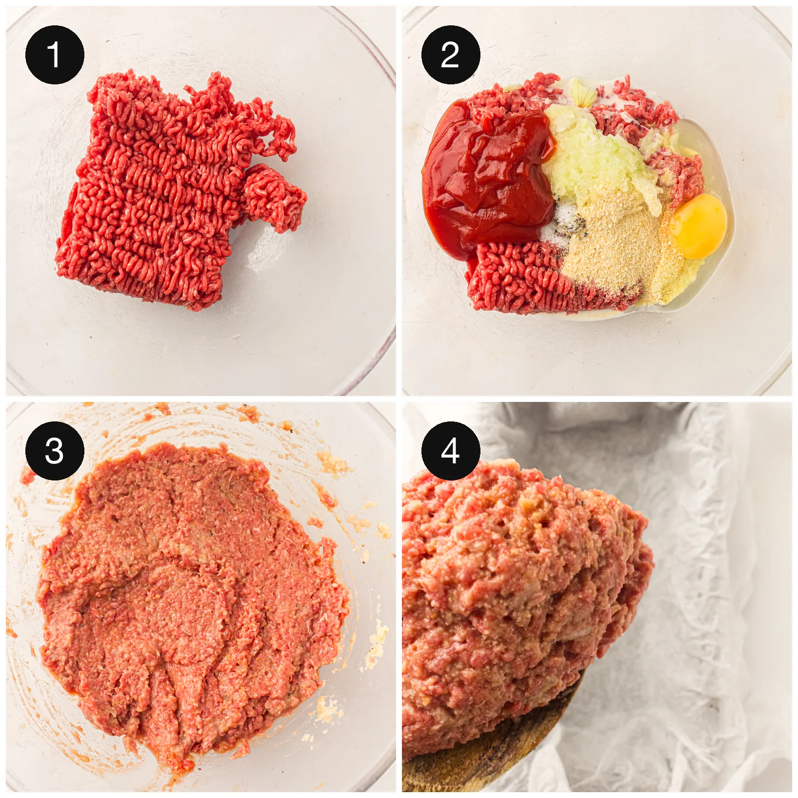 Beef in a bowl with crumbs, egg and ketchup, then mixed to a soft paste