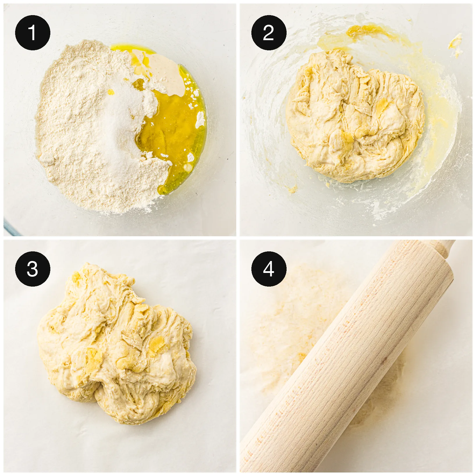 Flour and oil stirred into starter, then the dough rolled out under a wooden pin