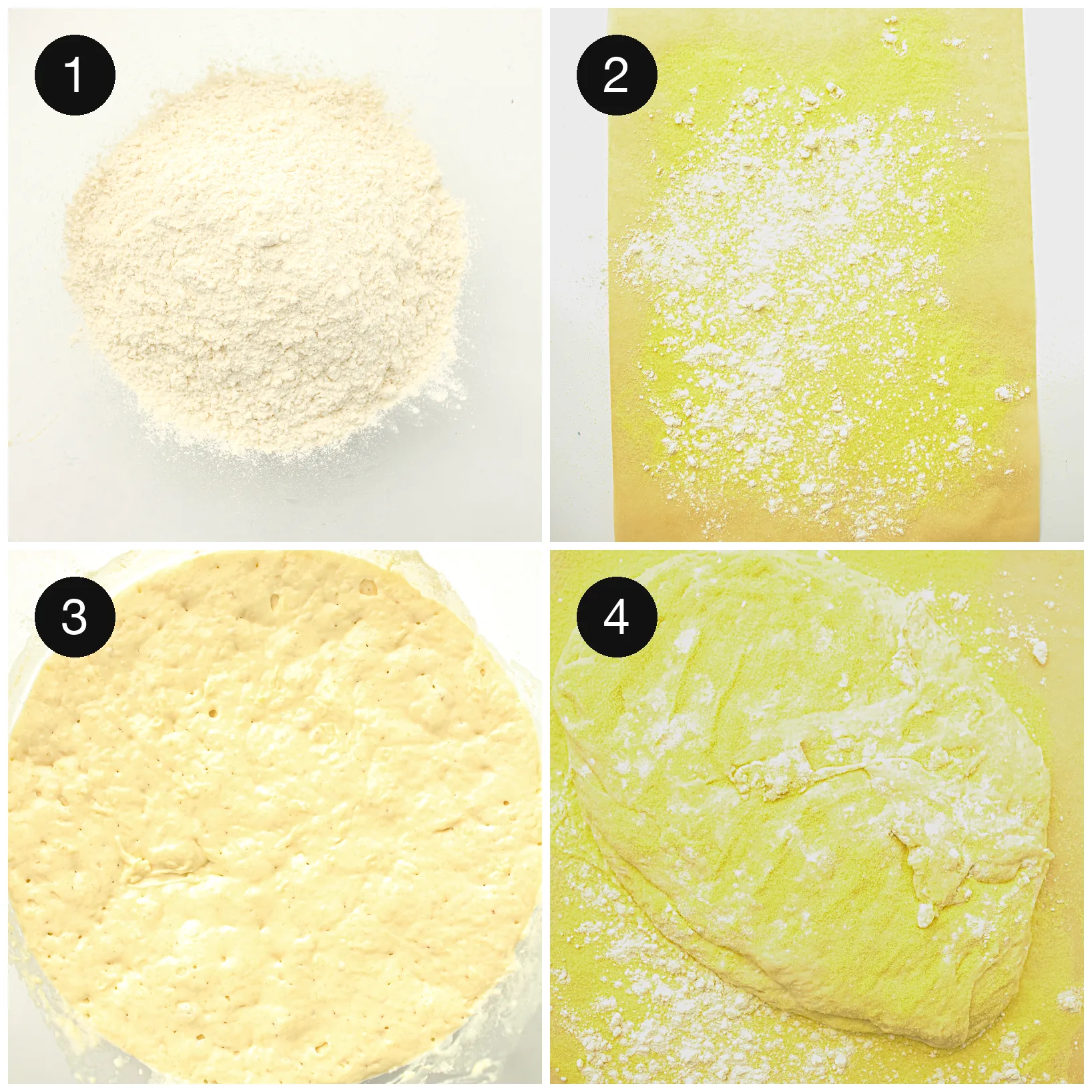 Flour and starter stirred to a soft, sticky mass, then left to rise overnight