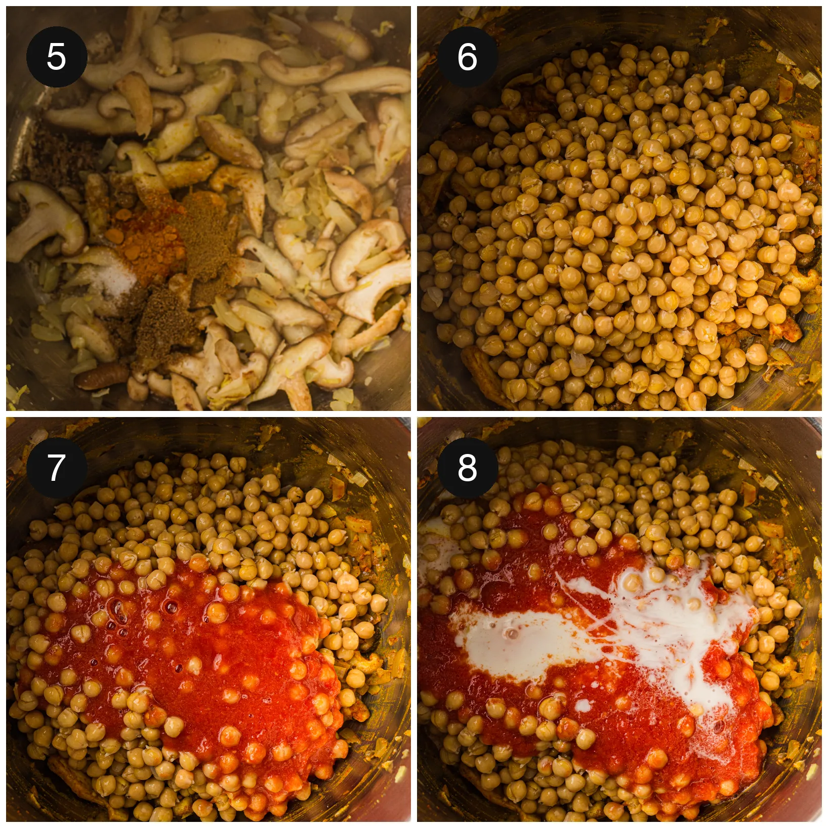 Sliced mushrooms browning, spices toasting, then the beans and tomatoes going in