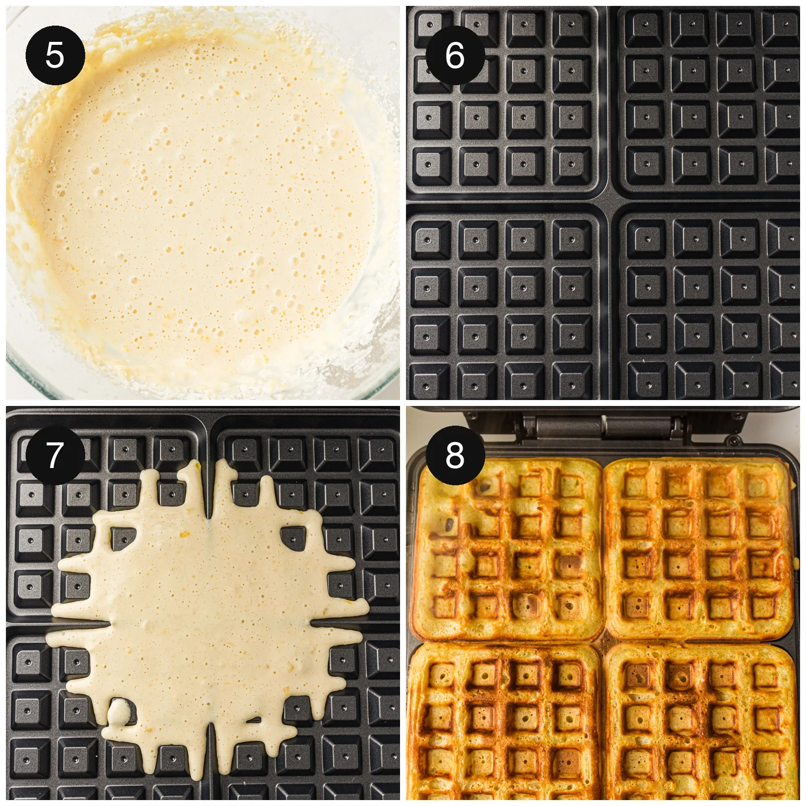 Thick batter poured into a hot iron, then the golden result lifted out