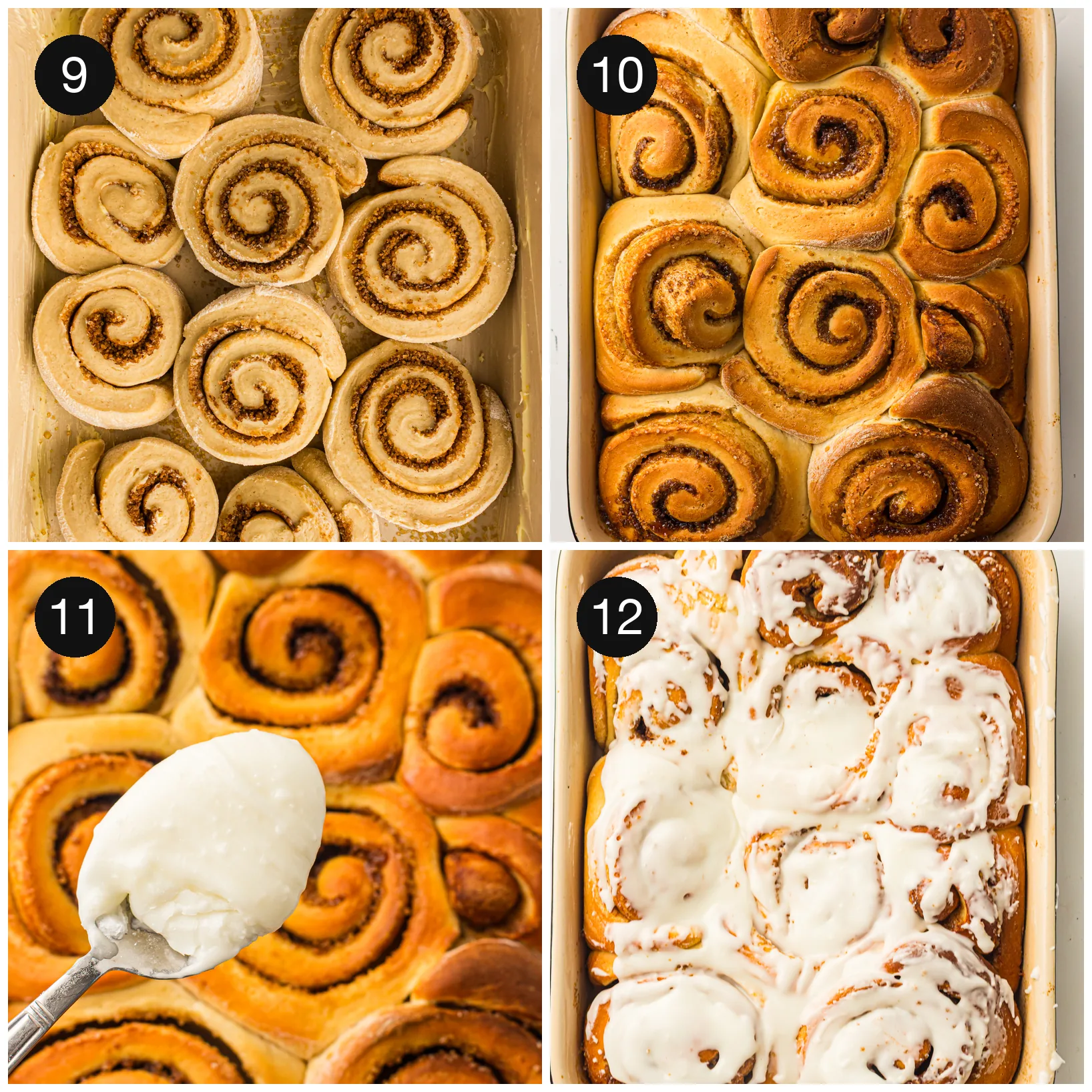 Shaped buns risen in a dish, baked golden, then covered in icing