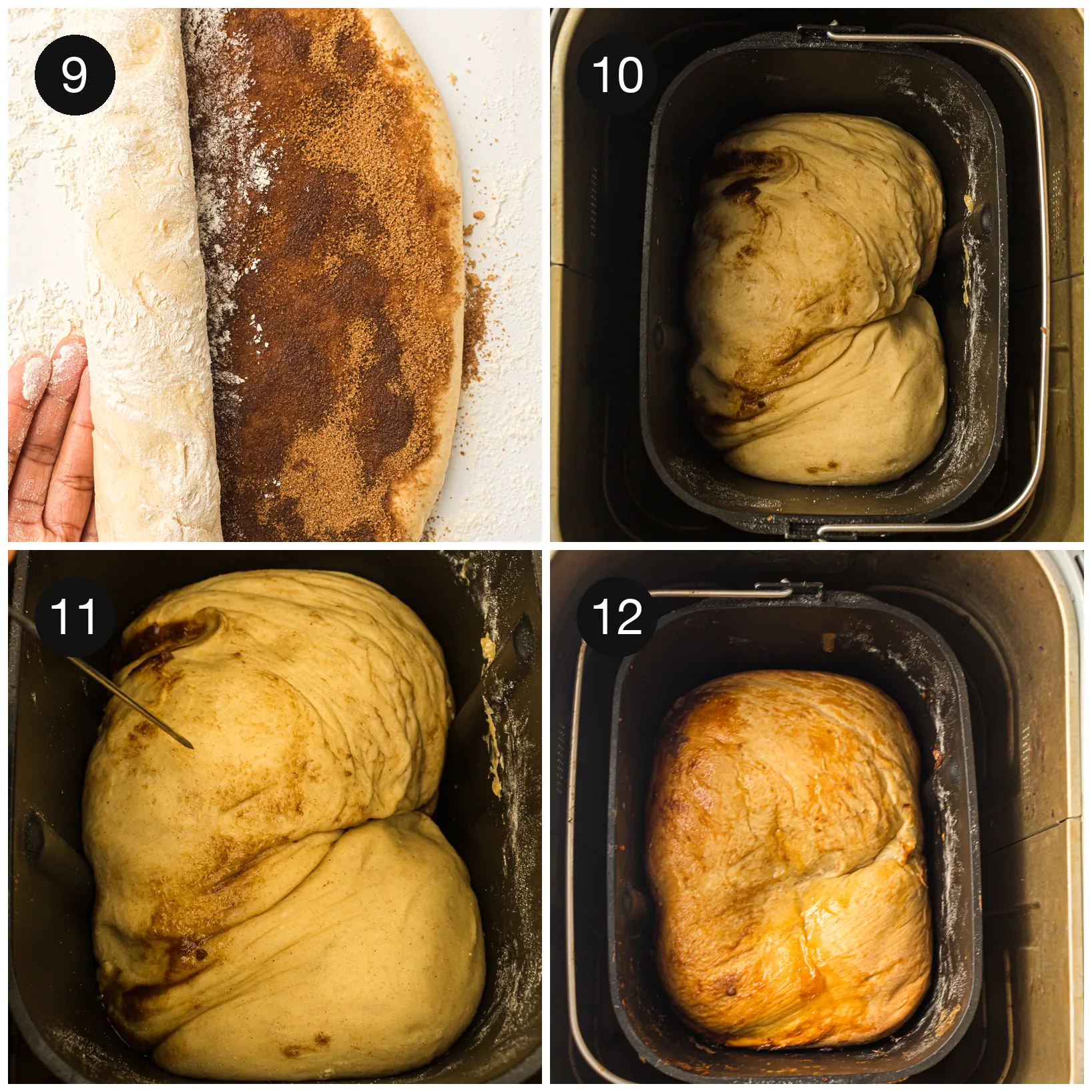 Rolling the dough into a tight log, then the finished golden loaf in the pan