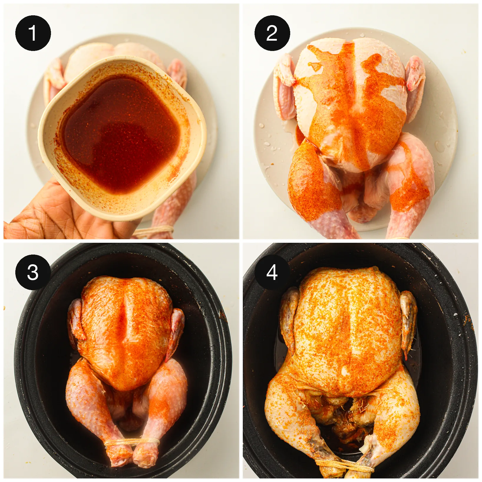 Oil and spices being rubbed over a raw bird on a white plate