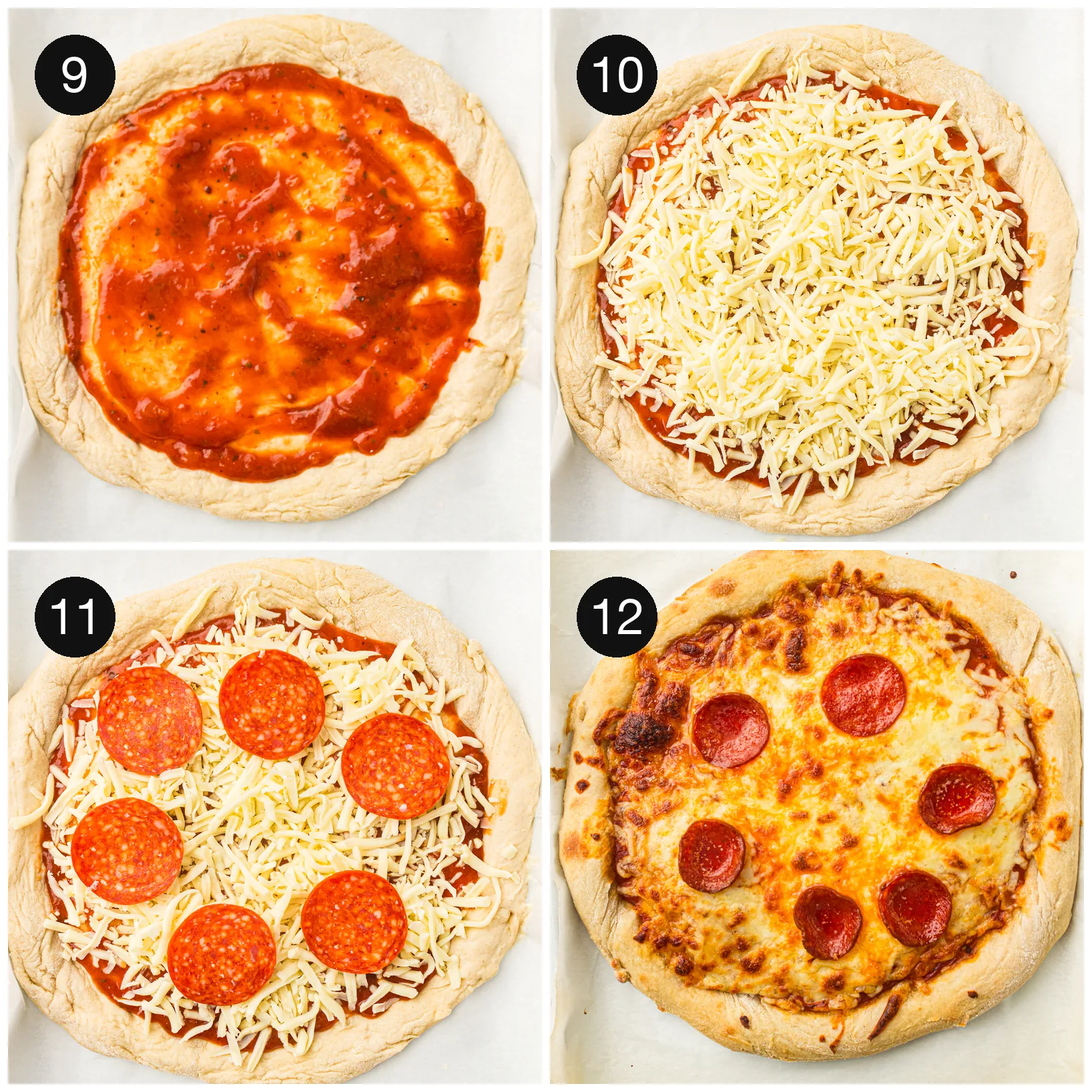 Sauce spread over the base, then cheese and toppings added before baking