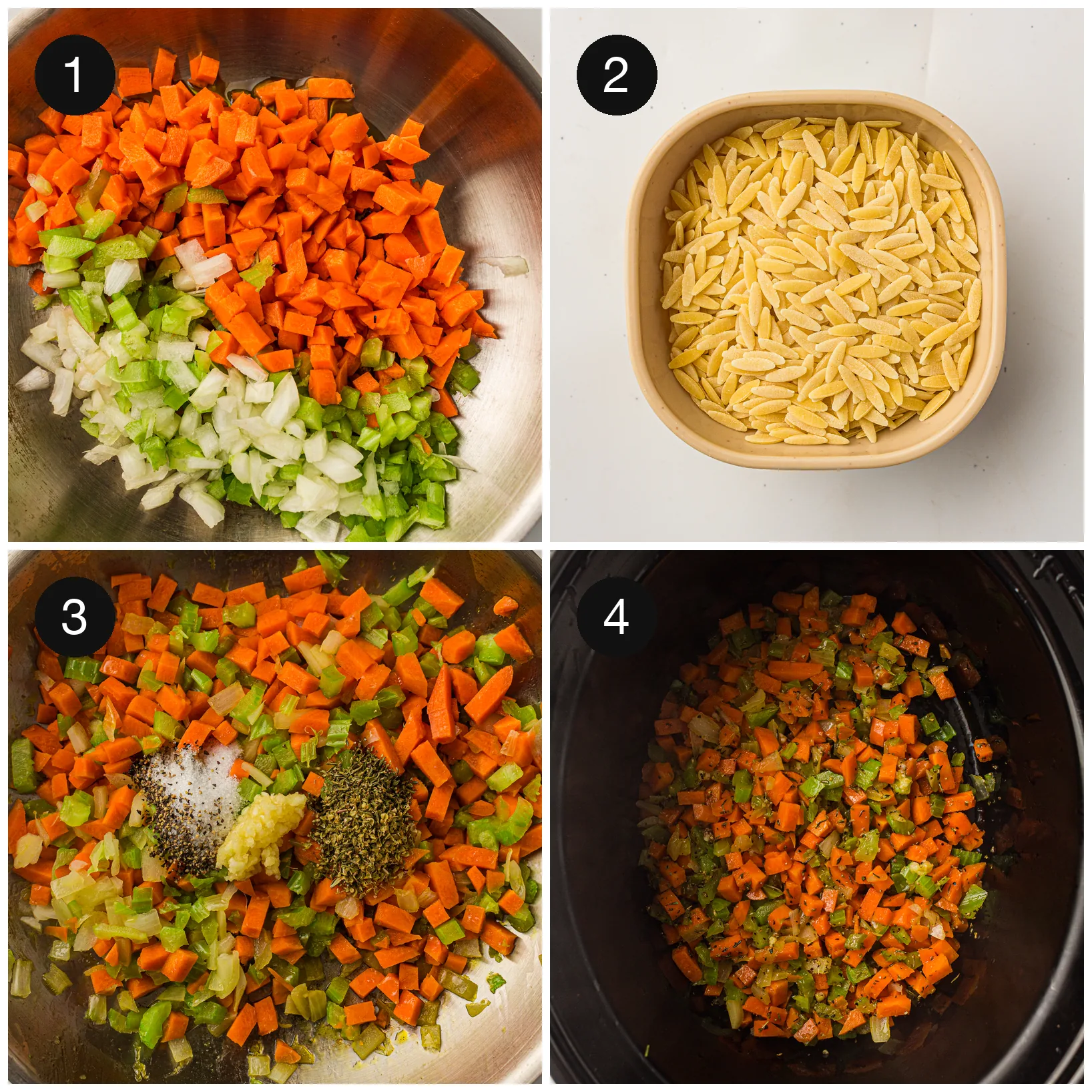 Diced onion, carrot and celery softening, and a bowl of tiny dried pasta