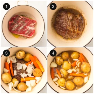 The seasoned chuck searing in the pan, then vegetables tucked around it