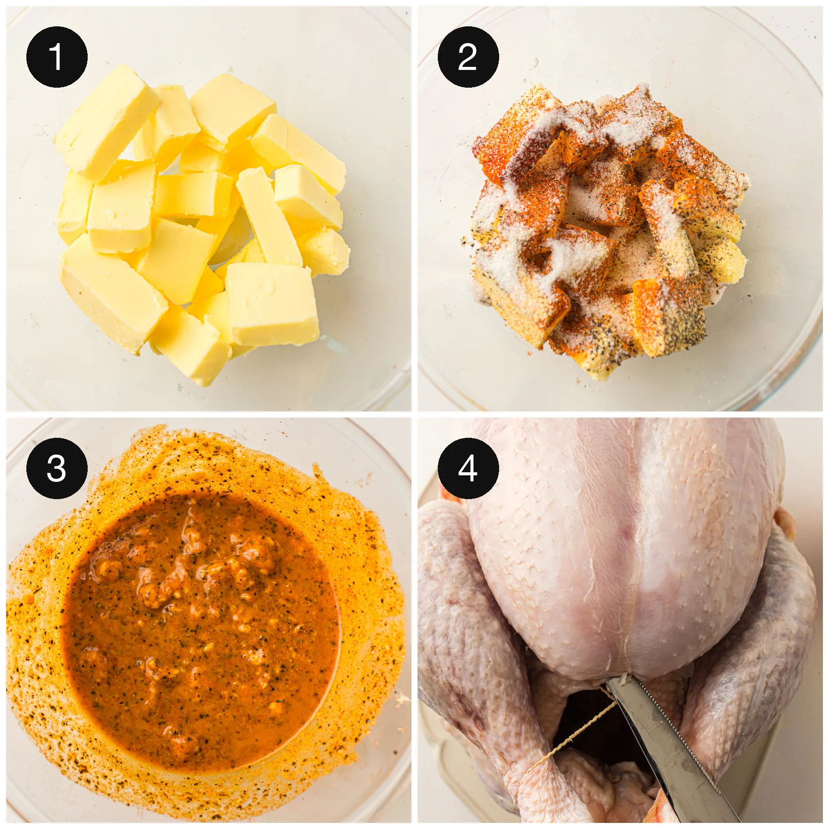 Softened butter beaten with spices, then the bird patted dry ready for seasoning