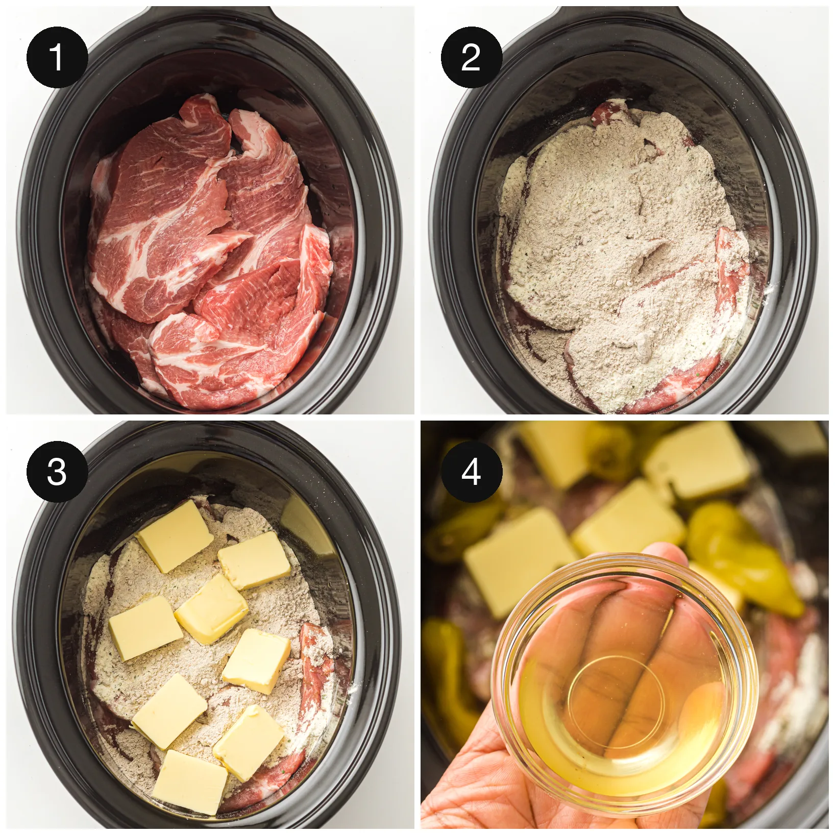 Seasoning powders, butter chunks and pickled peppers piled on the raw joint