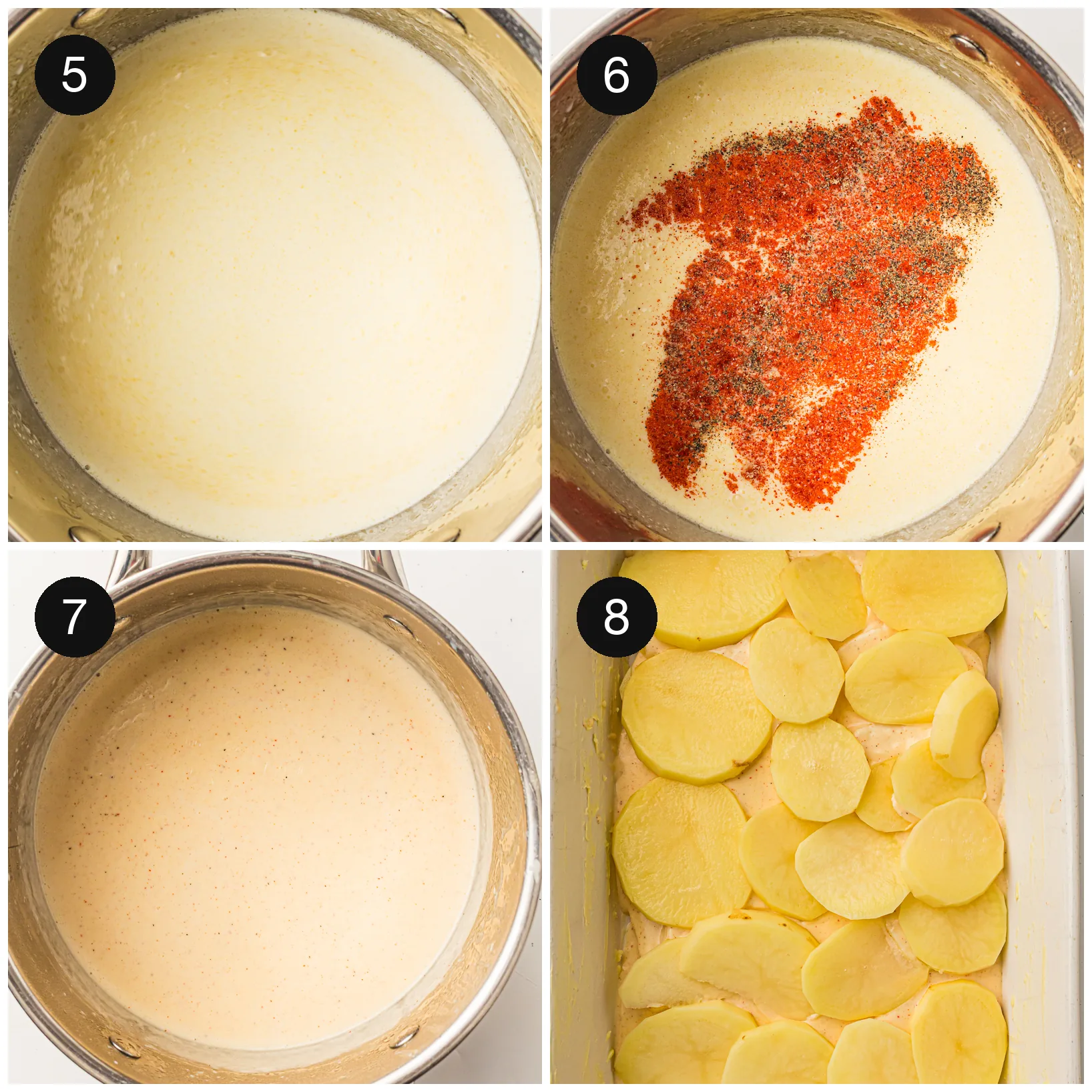 Seasonings stirred into the smooth sauce, then thin slices layered in the dish