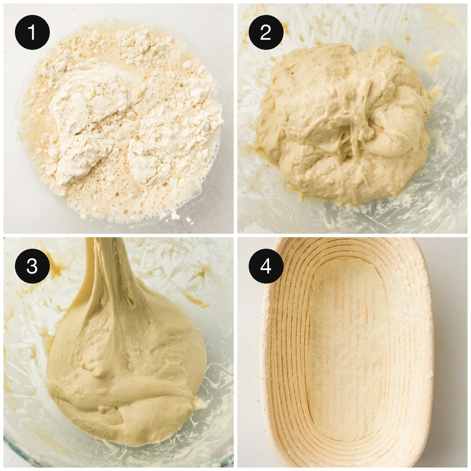 Shaggy dough in a bowl, then a wet hand lifting and folding it over