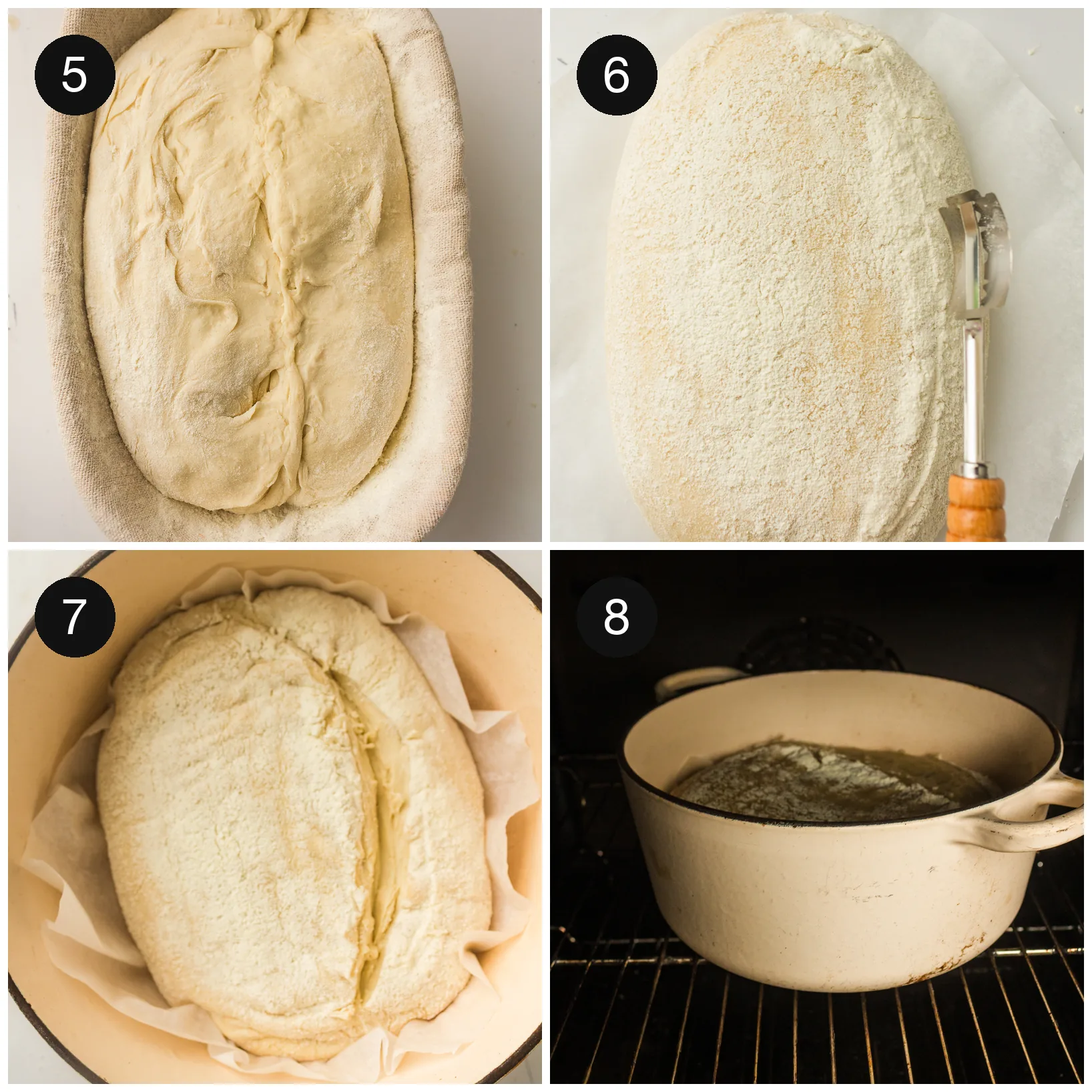 Shaped dough resting in a floured basket, then the empty pot heating in the oven