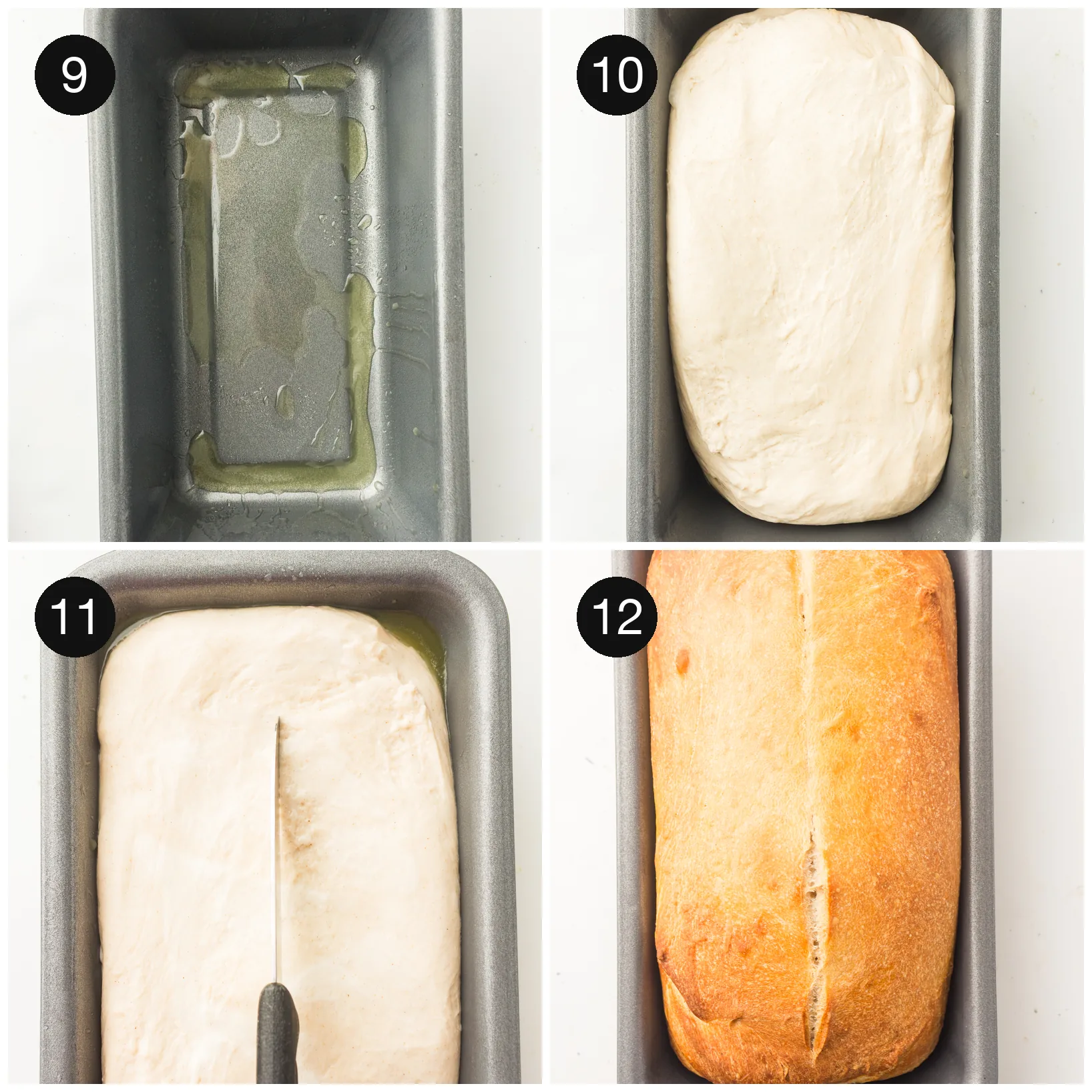 Shaping the dough into the greased tin, scoring it, then the baked loaf
