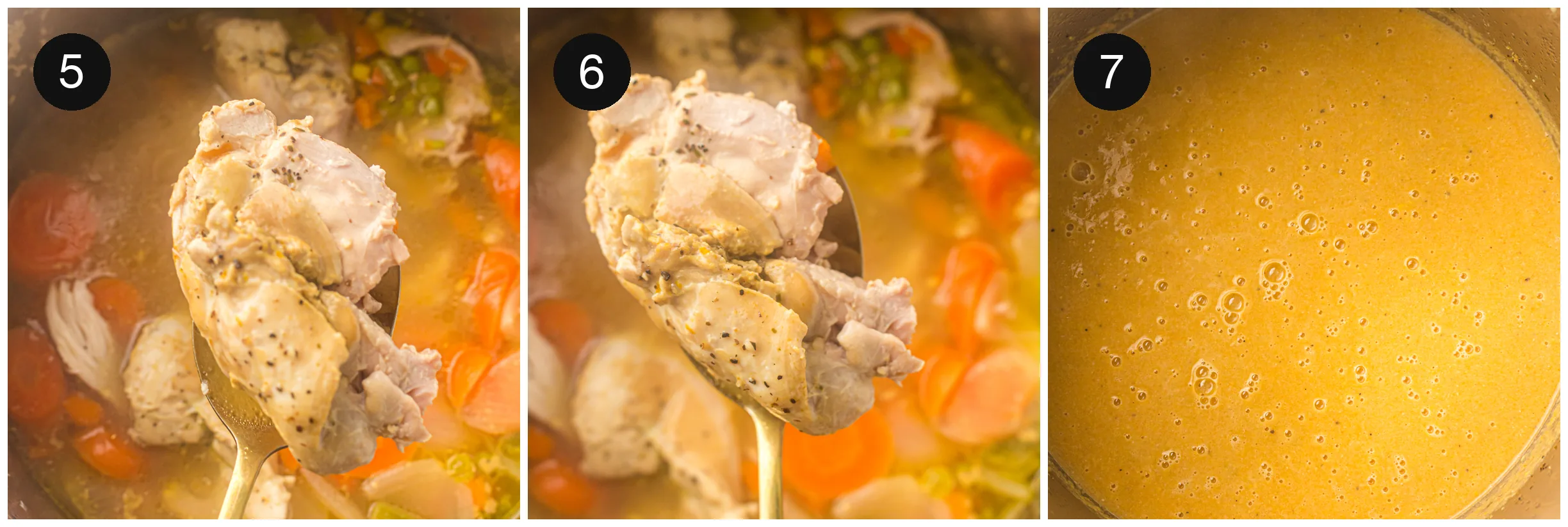 Shredding the cooked meat with two forks, then the blended golden broth