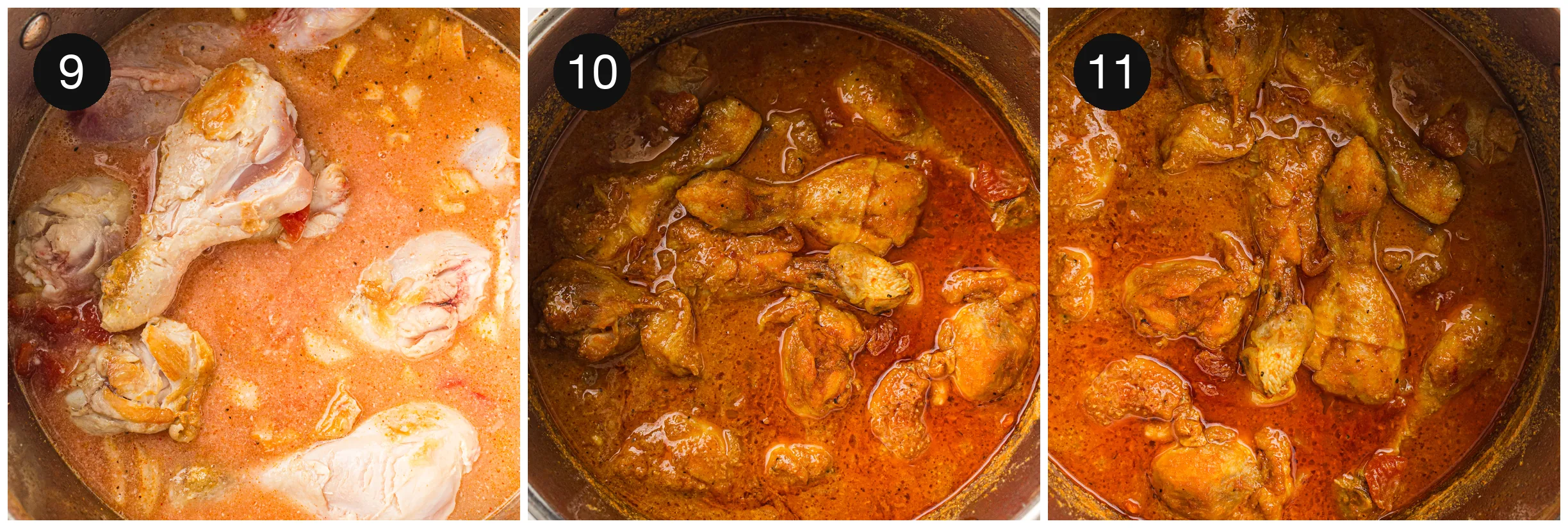 Drumsticks returned to the pan and simmering in the orange sauce