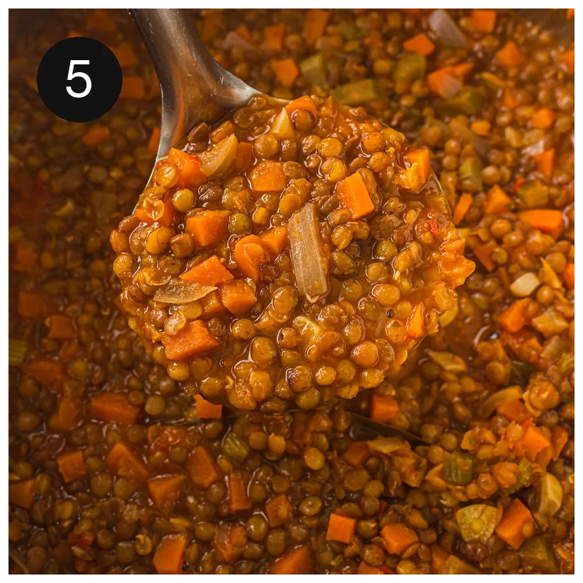 A ladle of the finished pot showing tender pulses and soft carrot