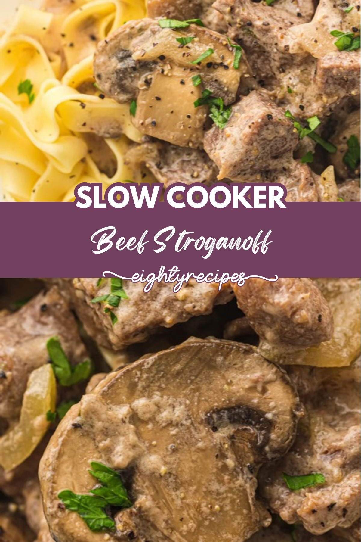 Slow cooker beef stroganoff recipe pin for Pinterest