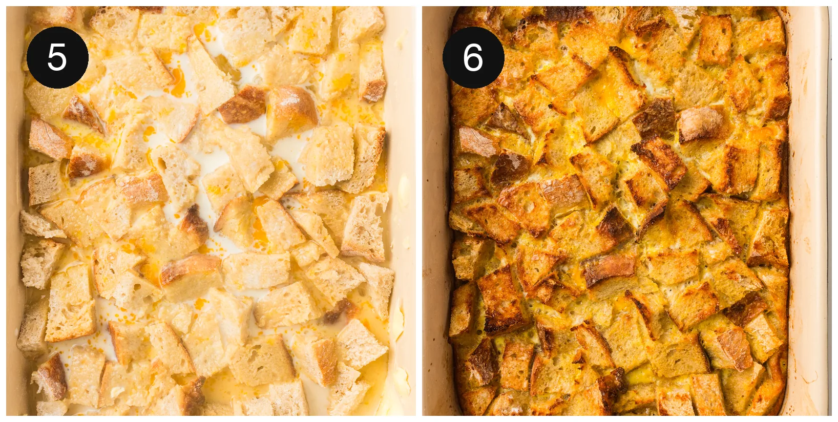 Soaked cubes in the dish before baking and the golden bake afterwards