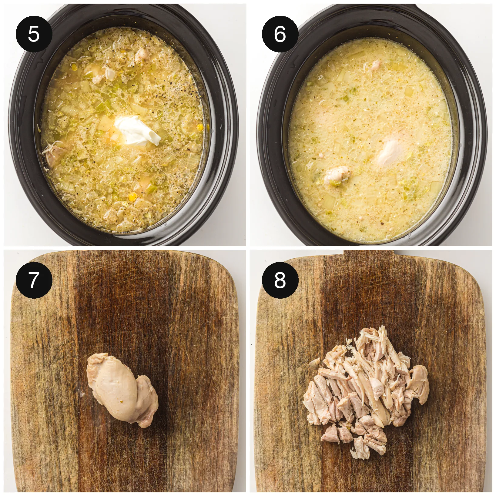 Soft cheese melting into the pale broth, and the cooked meat shredded on a board